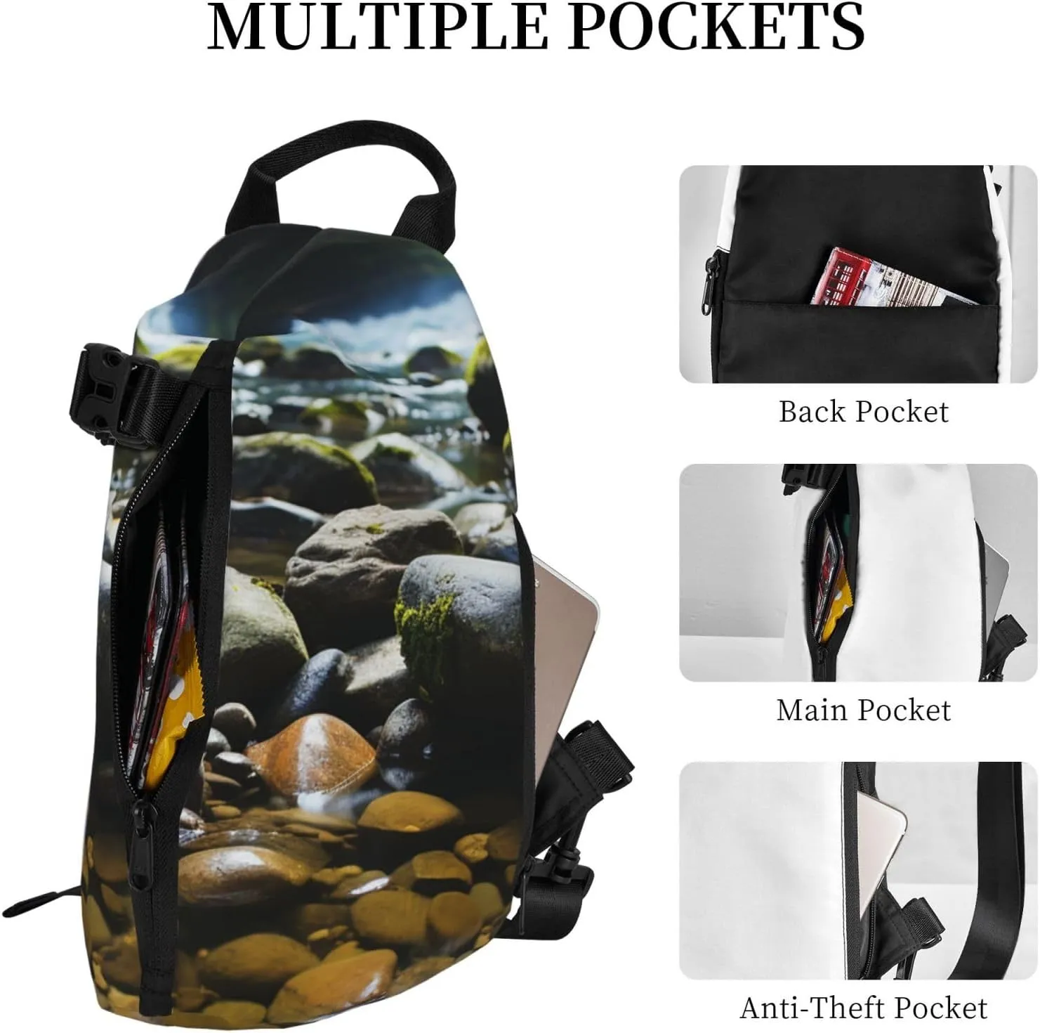Sling Bag Crossbody Backpack for Men Women Stream stones Chest Bag Crossbody Bag for Travel Sport Running