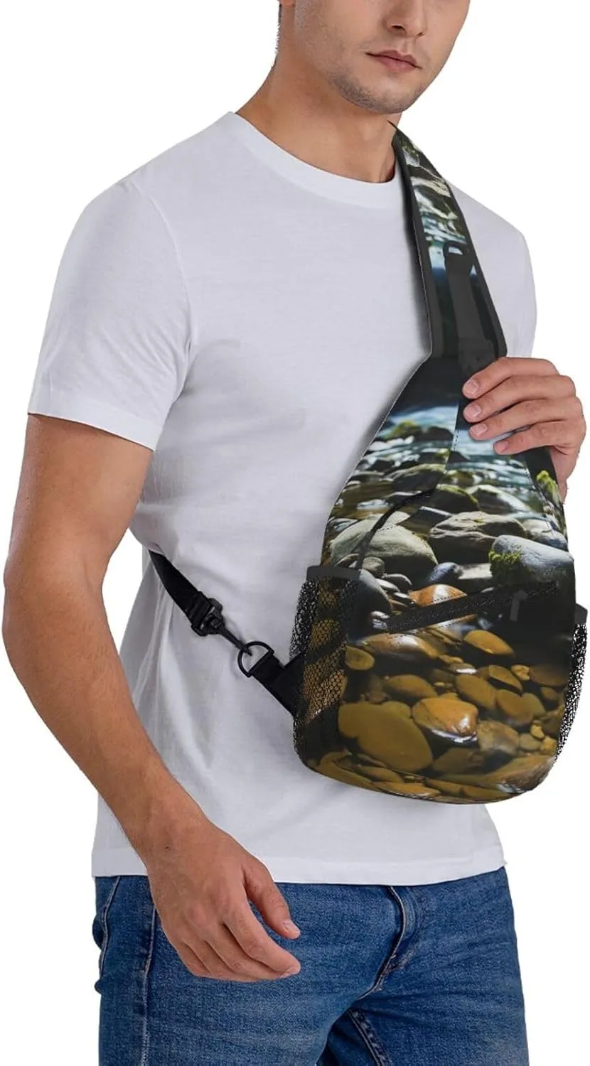 Sling Bag Crossbody Backpack for Men Women Stream stones Chest Bag Crossbody Bag for Travel Sport Running