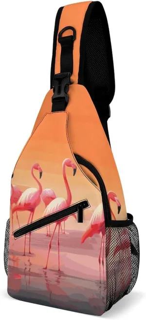 Sling Bag Crossbody Chest Bag Casual Shoulder Backpack Sport Travel Hiking Daypack for Women Men,A Flock of Flamingos