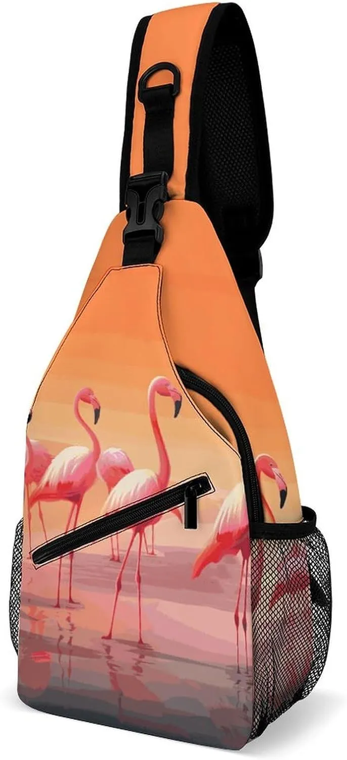 Sling Bag Crossbody Chest Bag Casual Shoulder Backpack Sport Travel Hiking Daypack for Women Men,A Flock of Flamingos