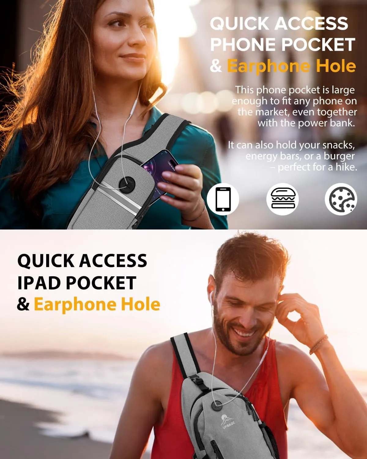 Sling Bag for Men and Women, Crossbody Hiking Daypack/Chest Bag/Shoulder Bag, Small Backpack for Travel, with Chest Phone Holder