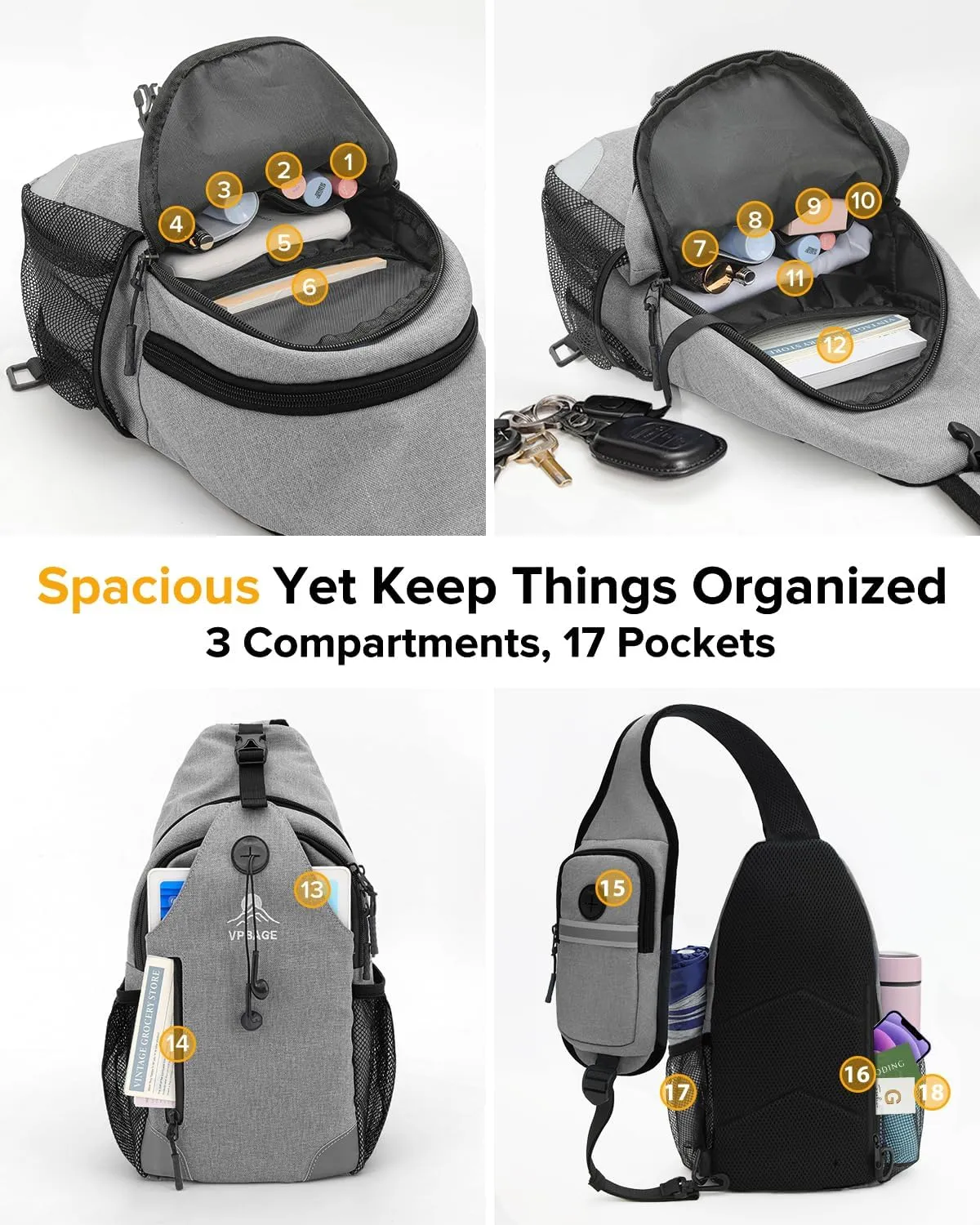 Sling Bag for Men and Women, Crossbody Hiking Daypack/Chest Bag/Shoulder Bag, Small Backpack for Travel, with Chest Phone Holder