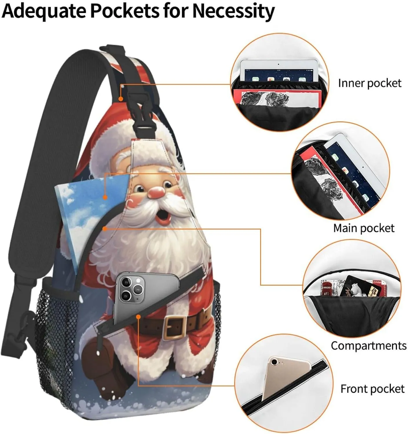 Sling Bag for Women Men Merry Christmas santa Cross Chest Bag Diagonally Casual Fashion Travel Hiking Daypack