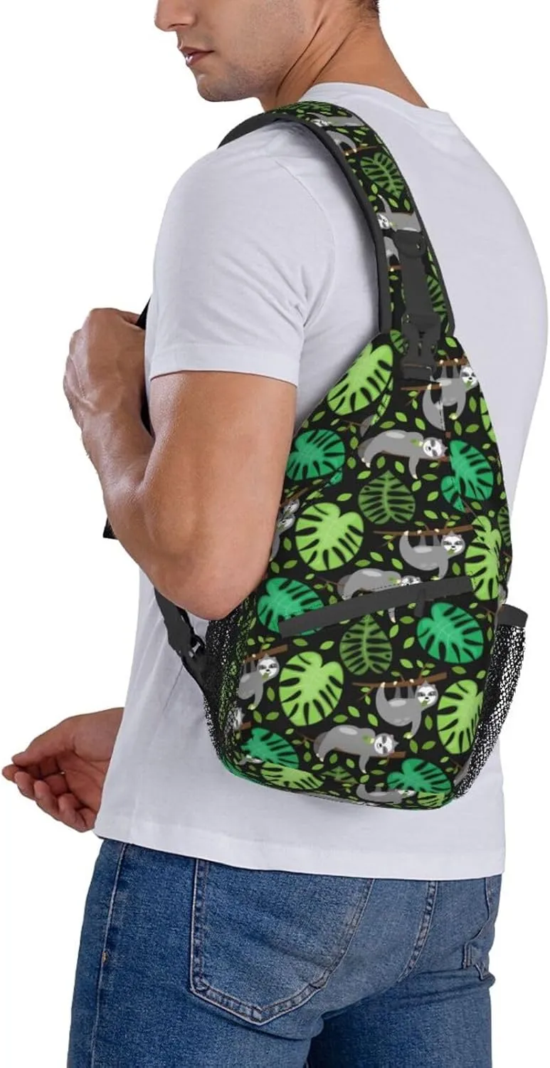 Sloths Tree Branch Leaves Small Sling Bag for Men Women Crossbody Sling Backpack Travel Hiking Daypack Shoulder Chest Bag with Adjustable Strap