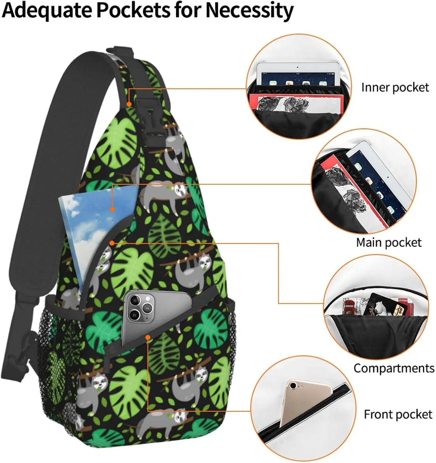 Sloths Tree Branch Leaves Small Sling Bag for Men Women Crossbody Sling Backpack Travel Hiking Daypack Shoulder Chest Bag with Adjustable Strap