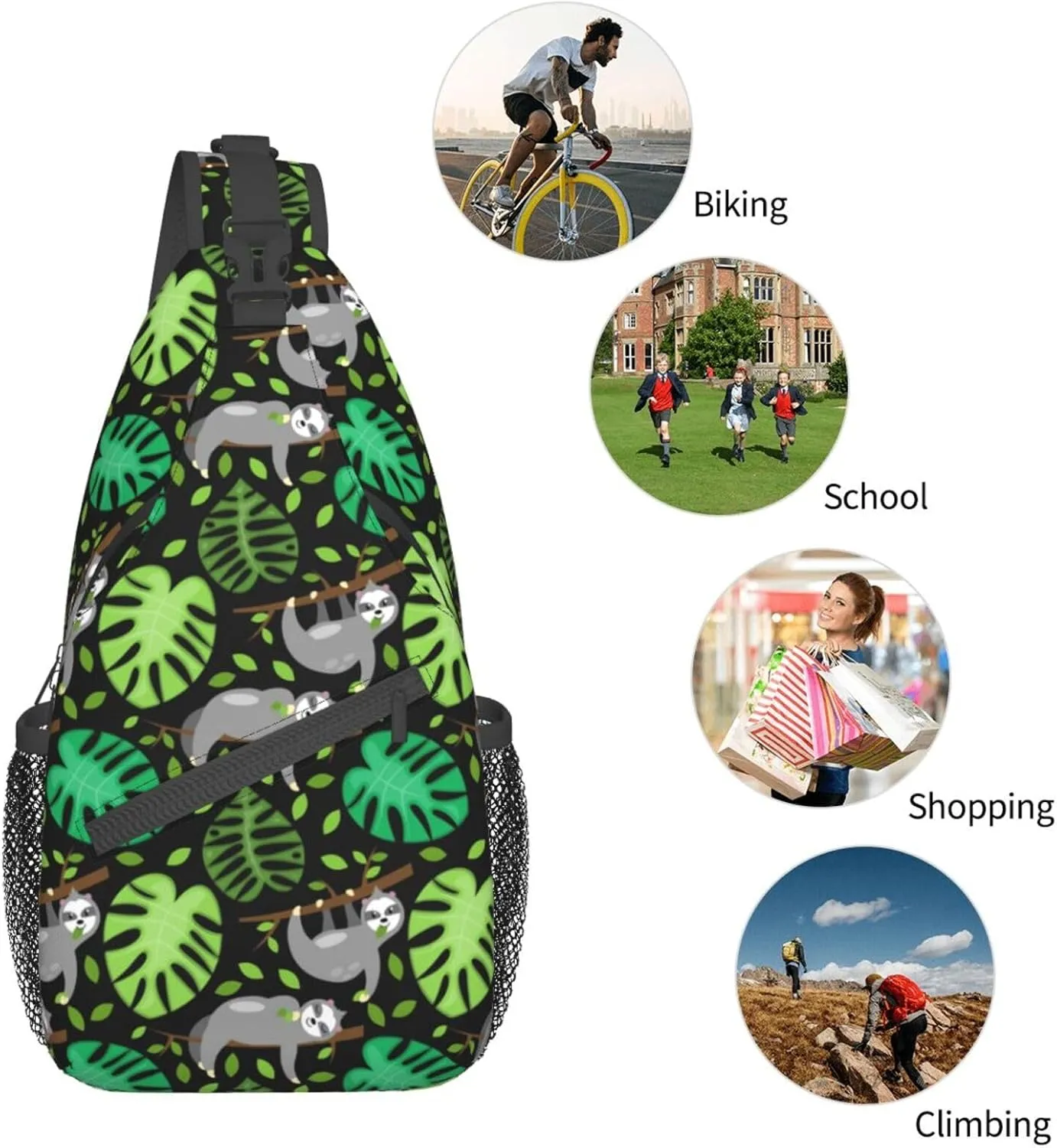 Sloths Tree Branch Leaves Small Sling Bag for Men Women Crossbody Sling Backpack Travel Hiking Daypack Shoulder Chest Bag with Adjustable Strap