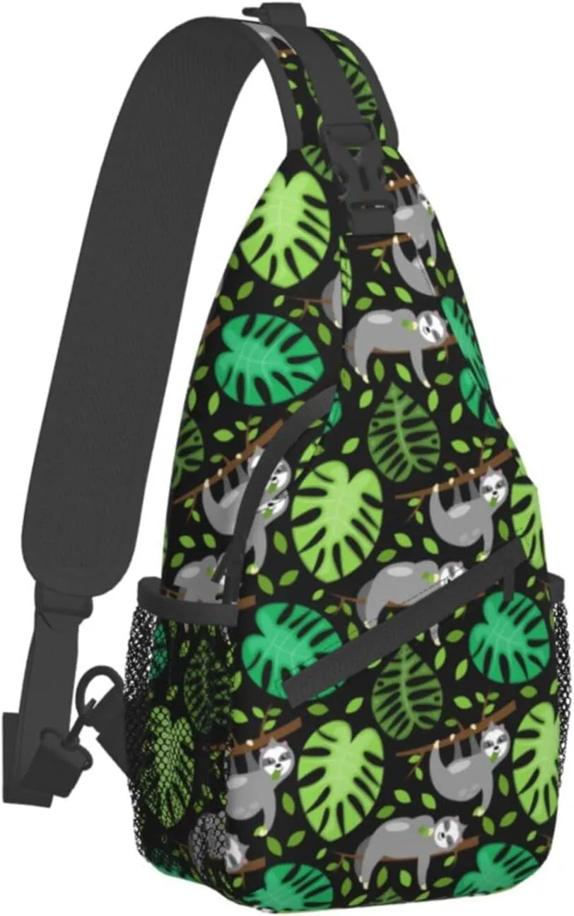 Sloths Tree Branch Leaves Small Sling Bag for Men Women Crossbody Sling Backpack Travel Hiking Daypack Shoulder Chest Bag with Adjustable Strap