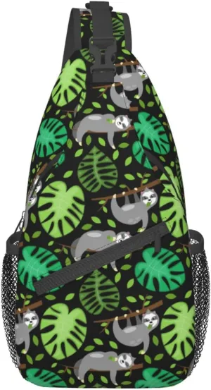 Sloths Tree Branch Leaves Small Sling Bag for Men Women Crossbody Sling Backpack Travel Hiking Daypack Shoulder Chest Bag with Adjustable Strap