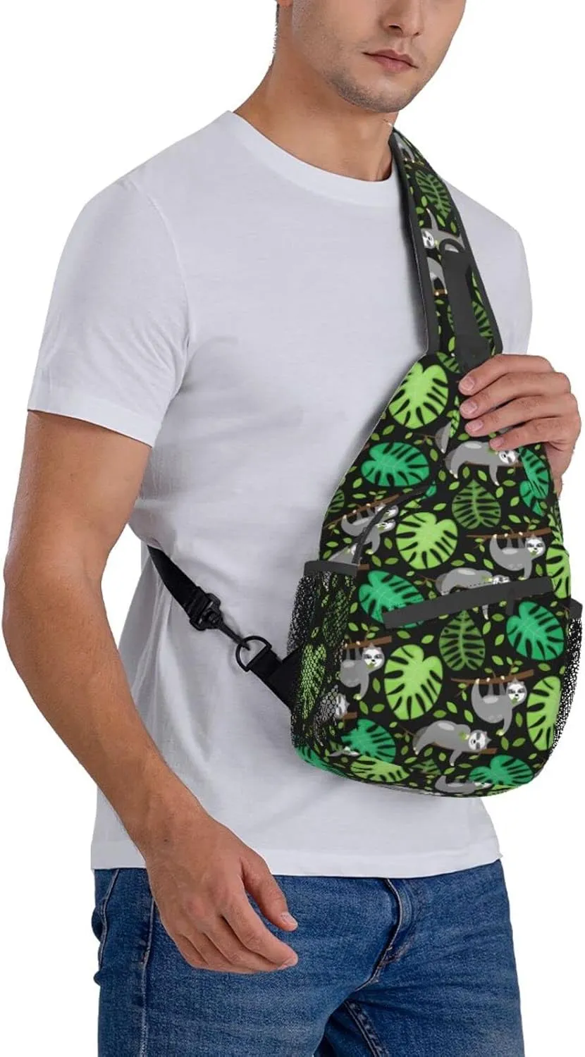 Sloths Tree Branch Leaves Small Sling Bag for Men Women Crossbody Sling Backpack Travel Hiking Daypack Shoulder Chest Bag with Adjustable Strap