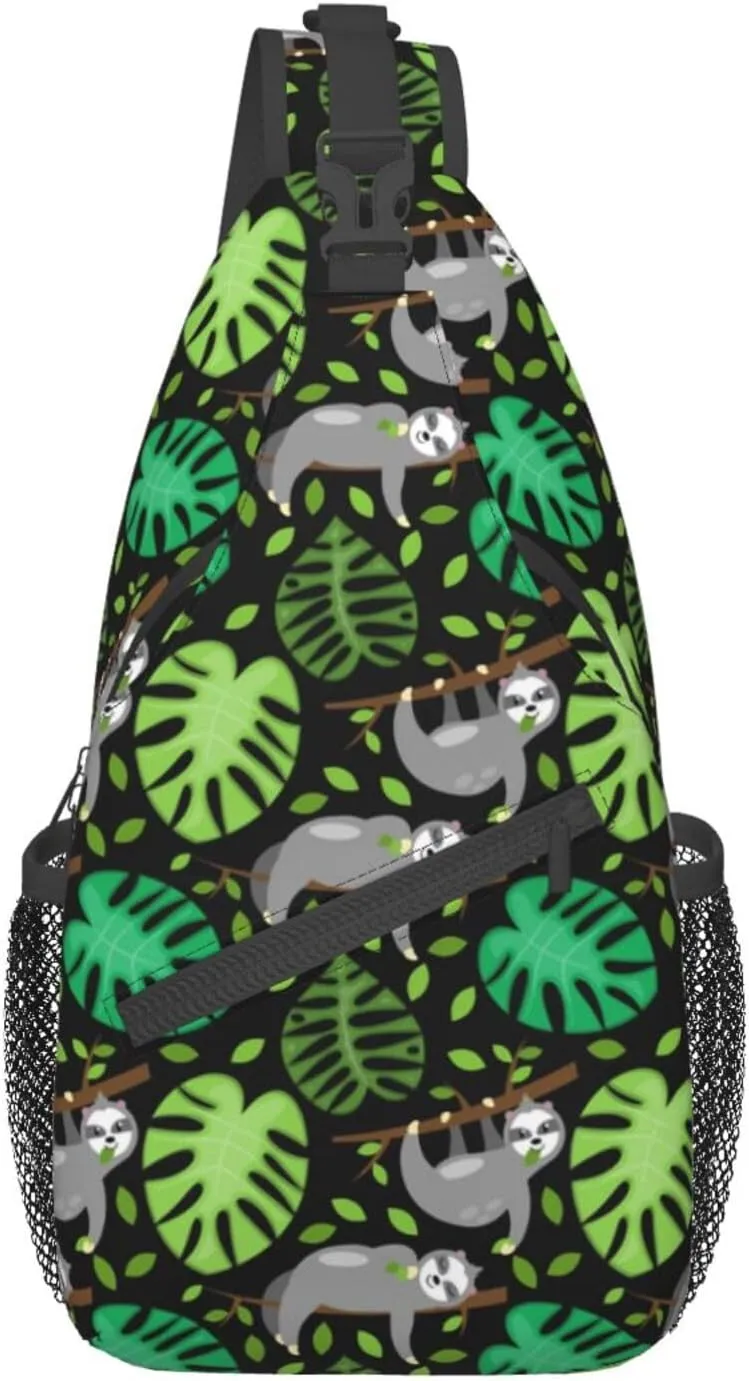 Sloths Tree Branch Leaves Small Sling Bag for Men Women Crossbody Sling Backpack Travel Hiking Daypack Shoulder Chest Bag with Adjustable Strap