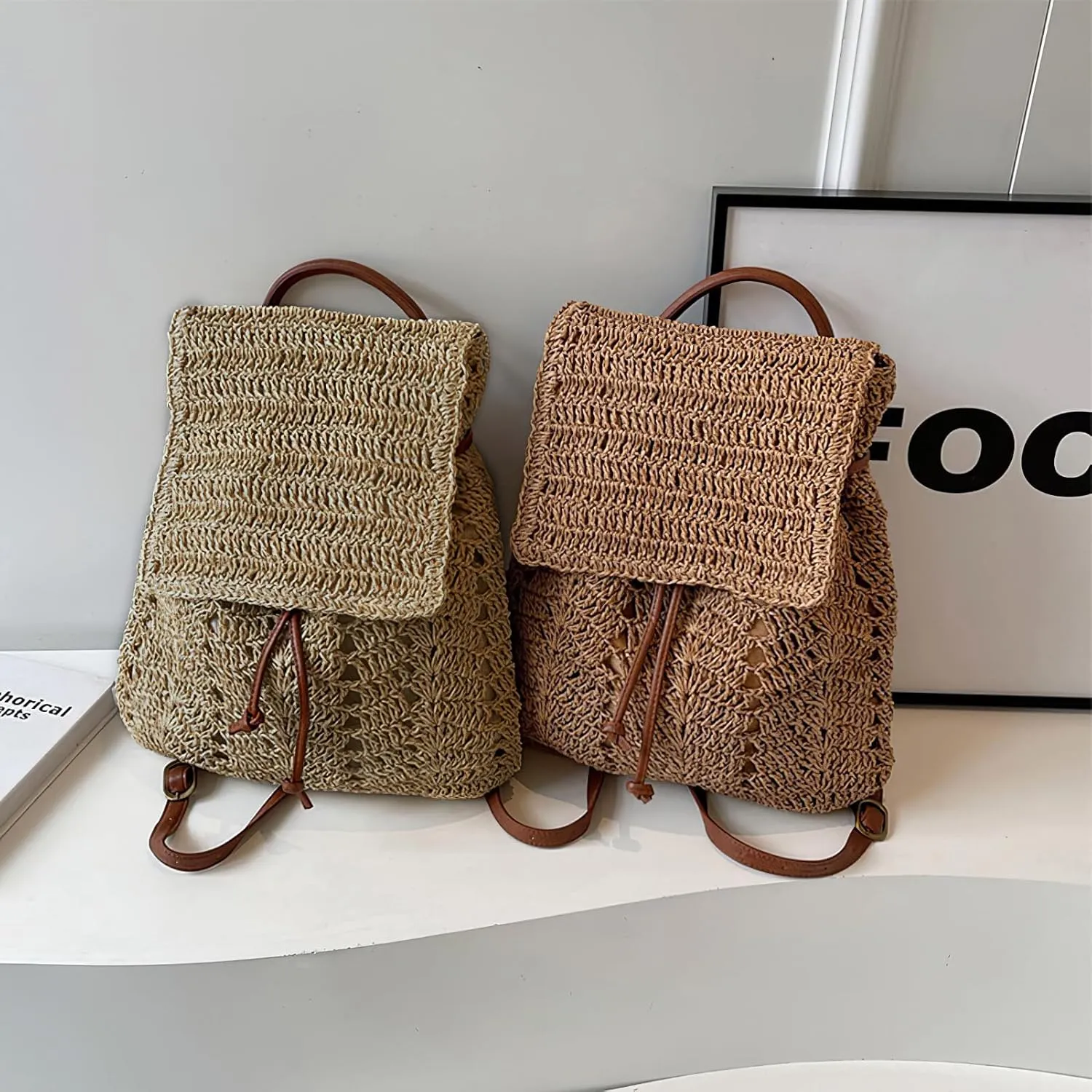 Small Straw Backpack for Women Boho Drawstring Backpack Purse Handmade Woven Beach Shoulder Handbag Daypack for Summer Casual Holiday Light Coffee