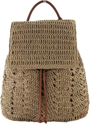 Small Straw Backpack for Women Boho Drawstring Backpack Purse Handmade Woven Beach Shoulder Handbag Daypack for Summer Casual Holiday Light Coffee