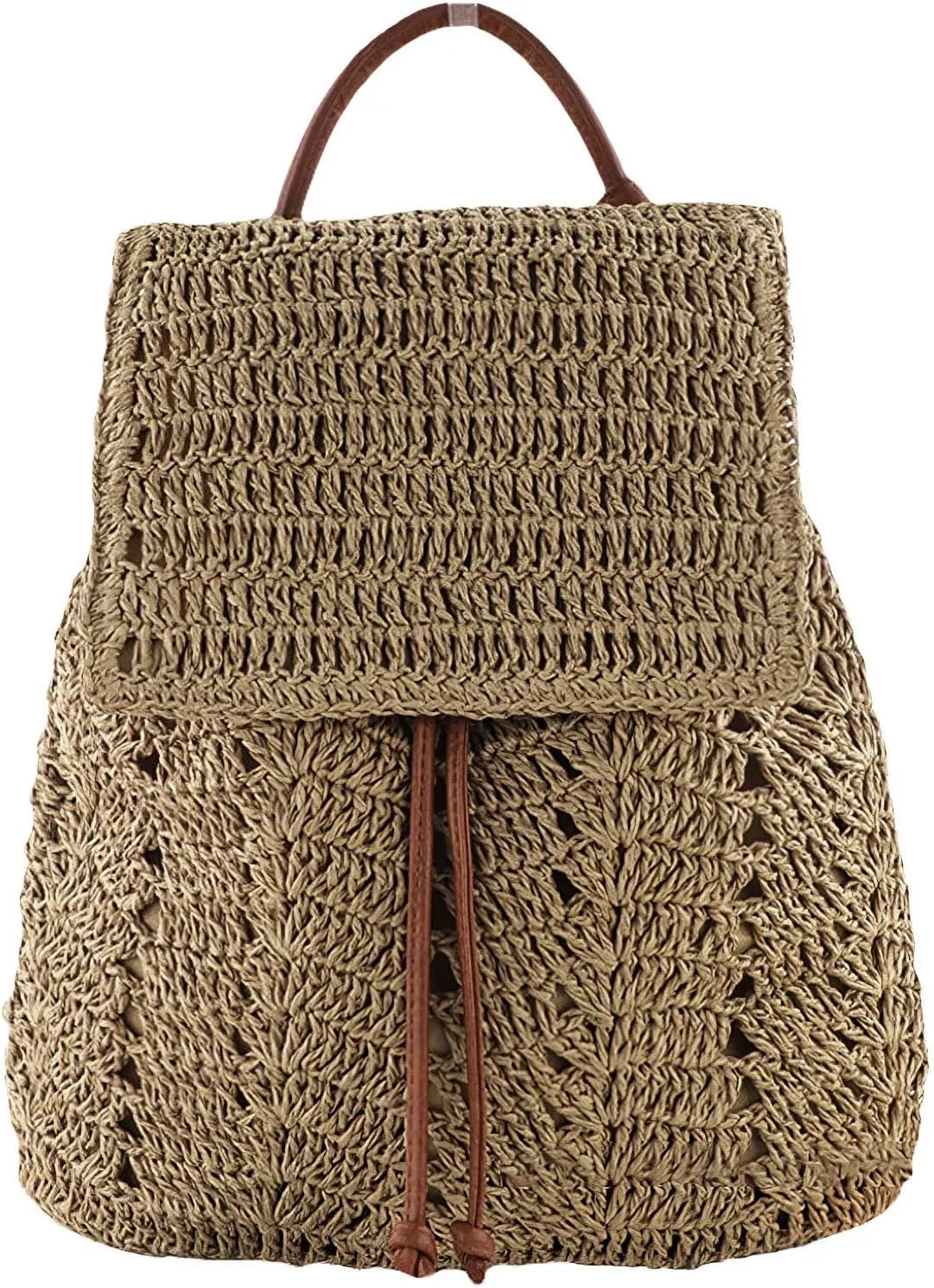 Small Straw Backpack for Women Boho Drawstring Backpack Purse Handmade Woven Beach Shoulder Handbag Daypack for Summer Casual Holiday Light Coffee