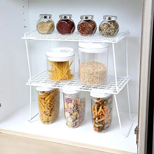 Smart Design Stacking Cabinet Shelf Rack - Large (16 x 10 Inch) - Steel Metal Wire - Cupboard, Plate, Dish, Counter & Pantry Organizer Organization - Kitchen [White]