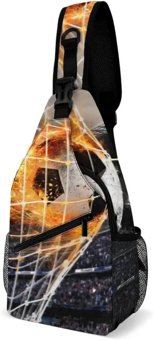 Soccer Fireball Scores Net Sling Bag Crossbody for Women Men Lightweight Adjustable Extender Strap Shoulder Backpack with Water Bottle Holder Casual Daypack for Hiking Travel