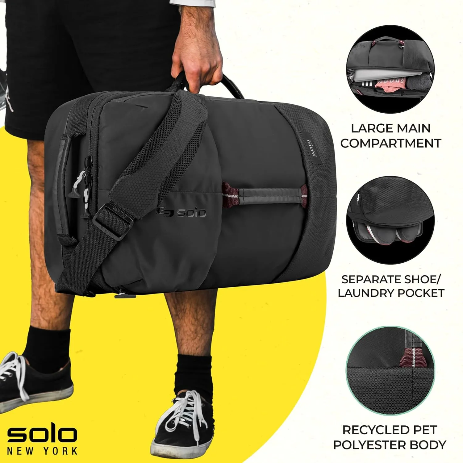 Solo New York Hybrid Backpack Duffel - Convertible Travel Duffle Bag for Men & Women, Carry On Size, Use for Gym, Flights, or Work, Separate Shoe Compartment, Padded Straps - All-Star, Black