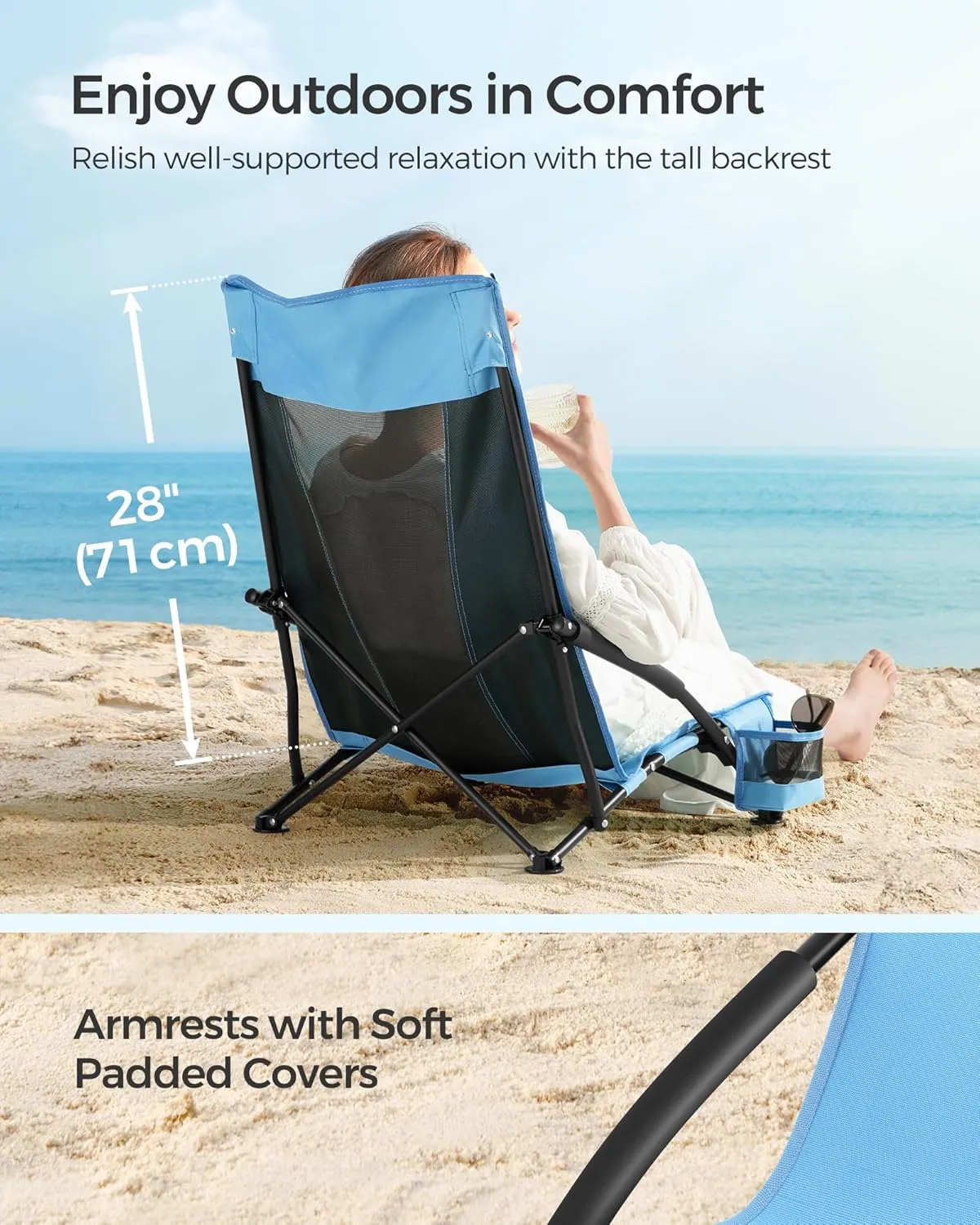 SONGMICS Set of 2 Portable Beach Chairs for Adults, Max. Load 330 lb Each, High Backrest, Cup Holder, Lightweight, Heavy-Duty, Light Blue UGCB067Q01V1