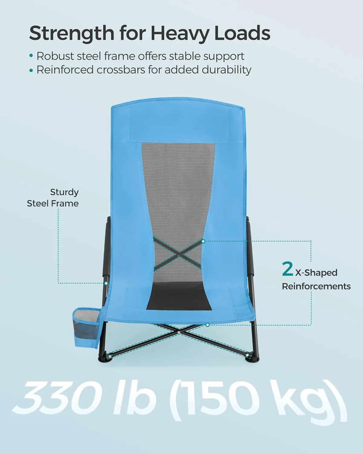 SONGMICS Set of 2 Portable Beach Chairs for Adults, Max. Load 330 lb Each, High Backrest, Cup Holder, Lightweight, Heavy-Duty, Light Blue UGCB067Q01V1
