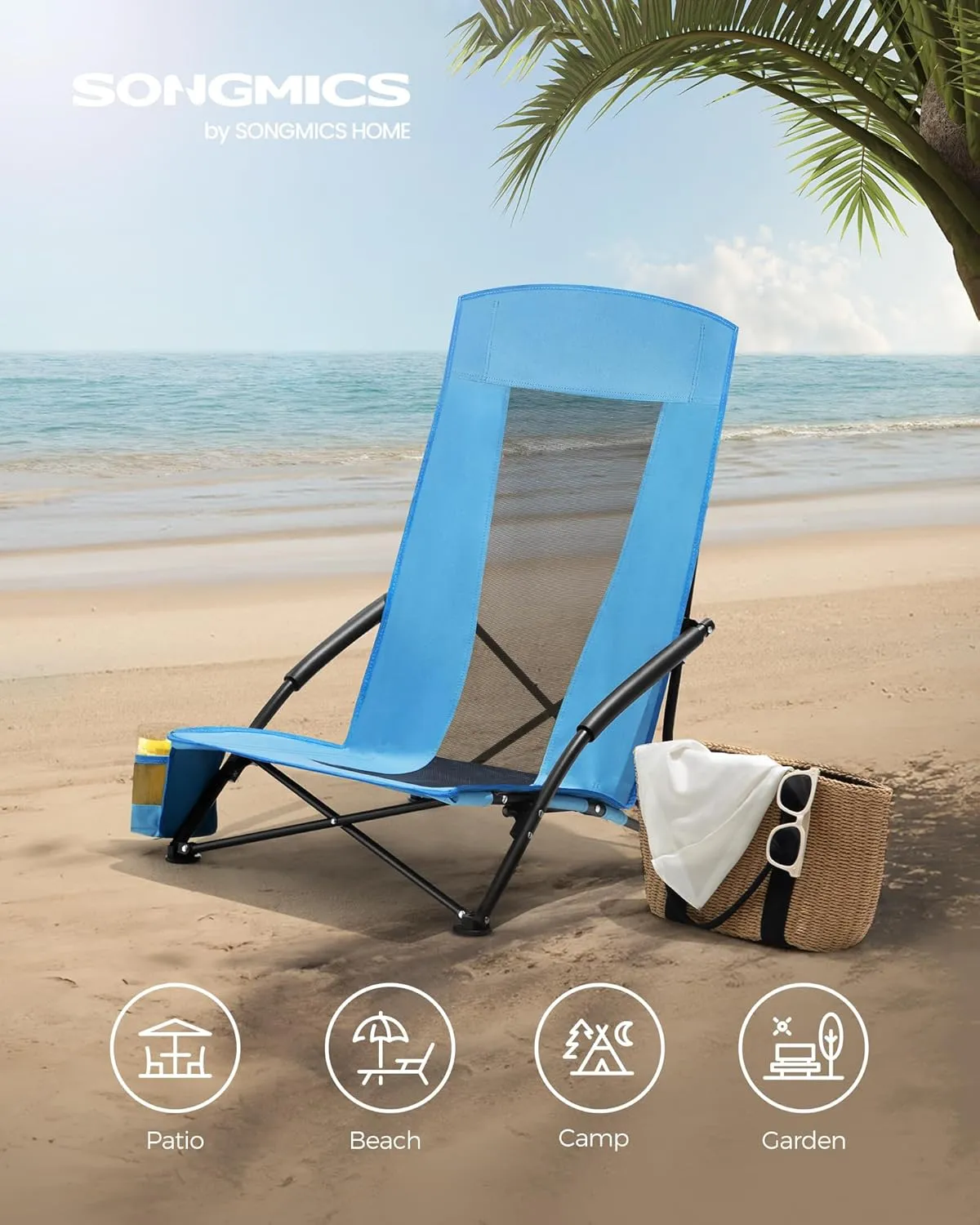 SONGMICS Set of 2 Portable Beach Chairs for Adults, Max. Load 330 lb Each, High Backrest, Cup Holder, Lightweight, Heavy-Duty, Light Blue UGCB067Q01V1