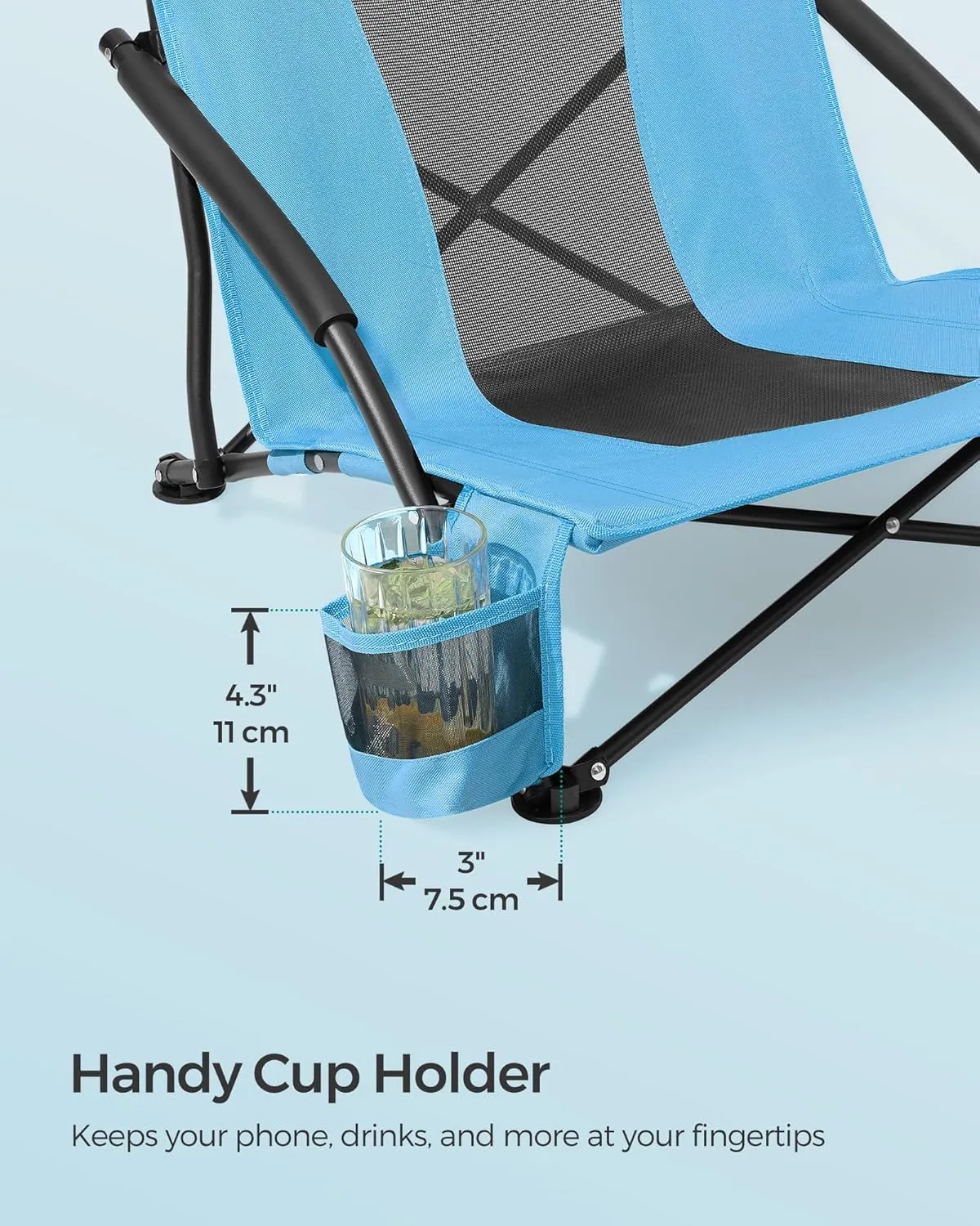 SONGMICS Set of 2 Portable Beach Chairs for Adults, Max. Load 330 lb Each, High Backrest, Cup Holder, Lightweight, Heavy-Duty, Light Blue UGCB067Q01V1