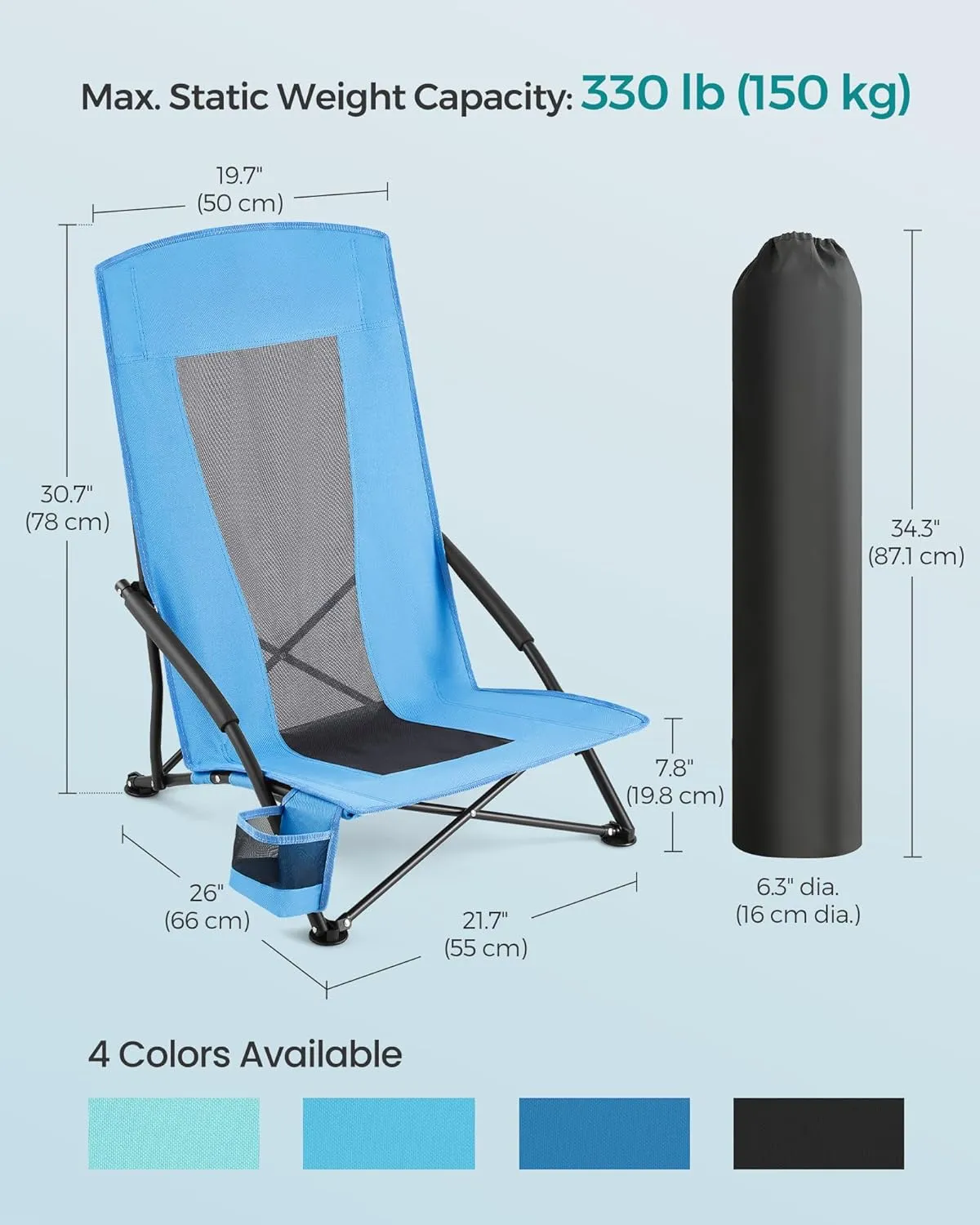 SONGMICS Set of 2 Portable Beach Chairs for Adults, Max. Load 330 lb Each, High Backrest, Cup Holder, Lightweight, Heavy-Duty, Light Blue UGCB067Q01V1