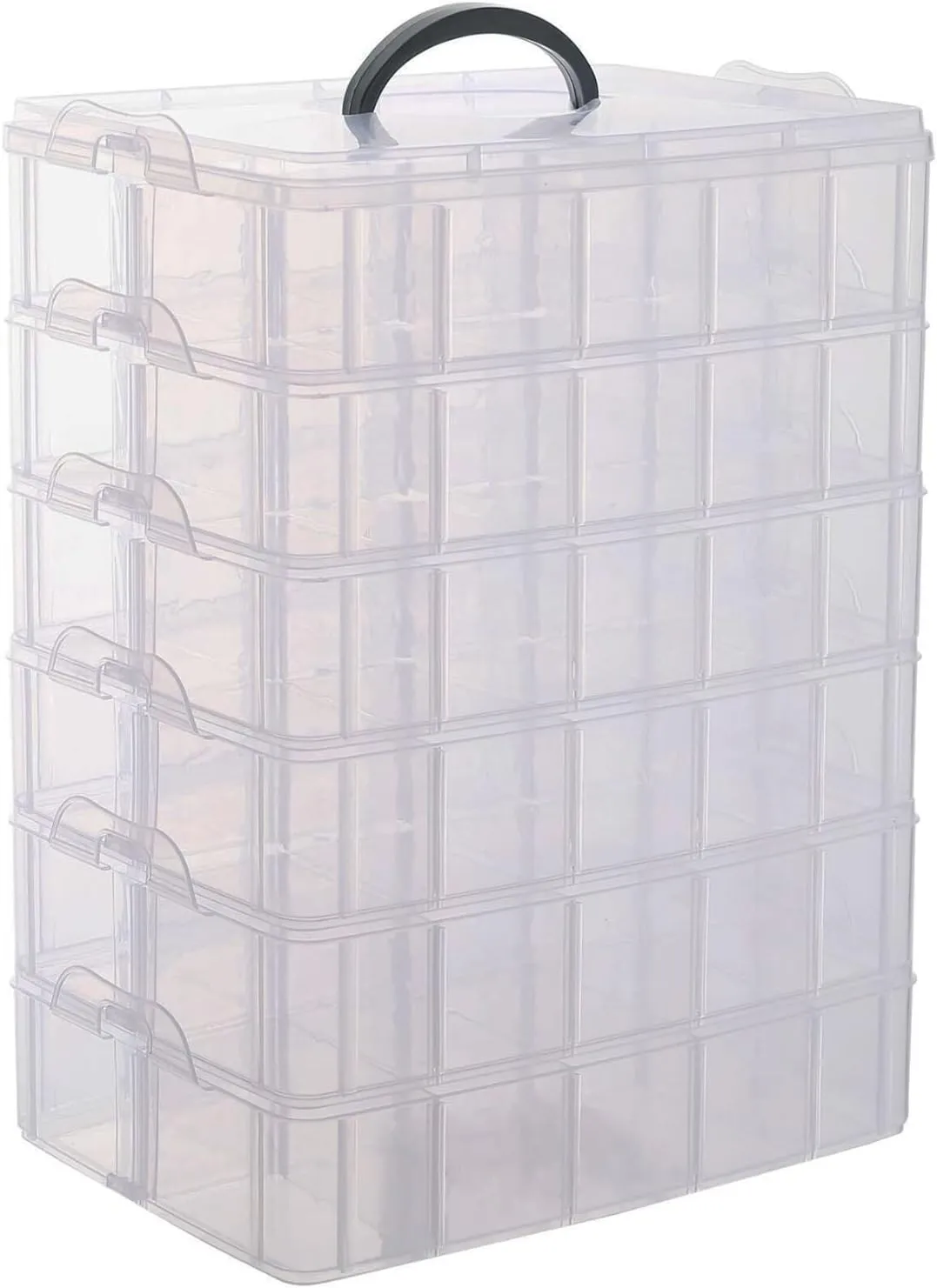 Sooyee 6-Tier Stackable Craft Organizers and Storage Box with 60 Compartments,Plastic for Toys,Dolls, Arts and Craft, Fuse Beads, Washi Tape, Rock Collection, Ribbons,Clear