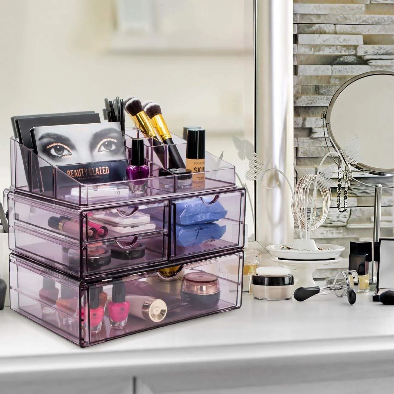 Sorbus Acrylic Cosmetics Makeup and Jewelry Storage Case X-Large Display Sets -Interlocking Scoop Drawers to Create Your Own Specially Designed Makeup Counter - Stackable and Interchangeable (Purple)