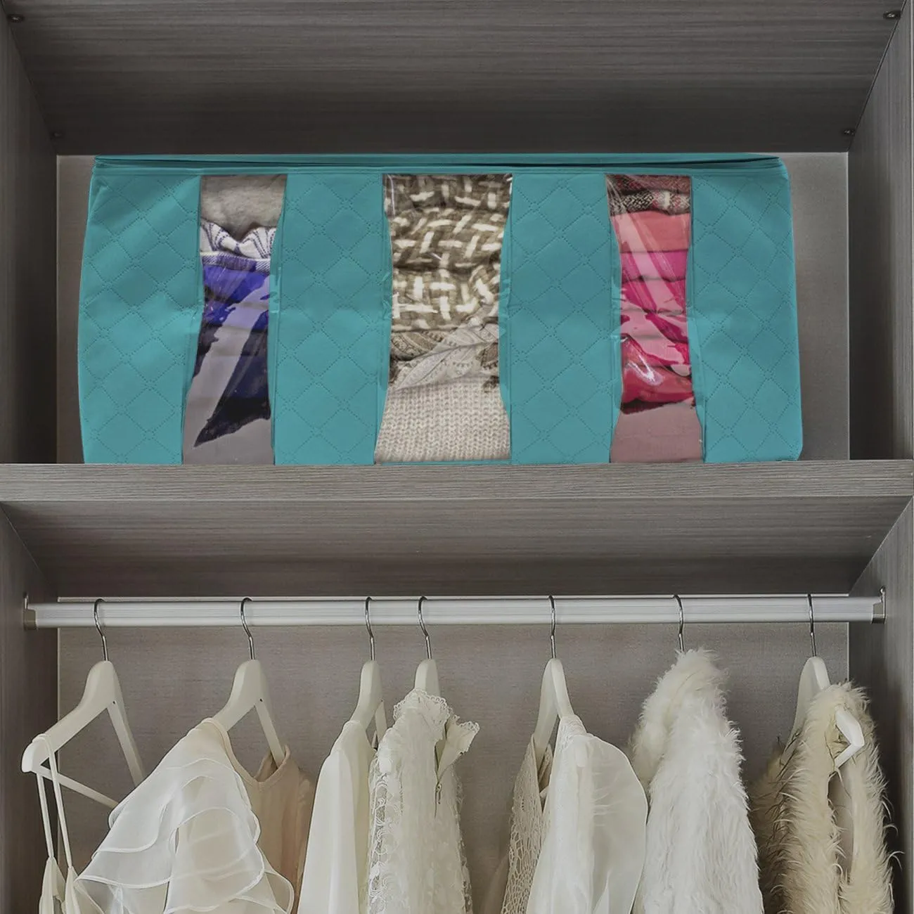 Sorbus Foldable Storage Bag Organizers, 3 Sections, Great for Clothes, Blankets, Closets, Bedrooms, and More, 2-Pack (Aqua)