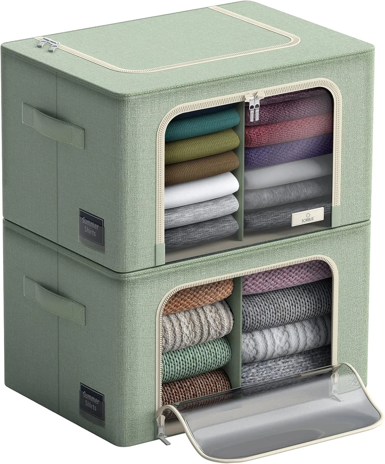 Sorbus Storage Bins with Divided Interior - Large Stackable & Foldable Organizer Containers with Metal Frame, Oxford Fabric, Large Window & Carry Handles - Organization for Bedroom, Linens & Clothes