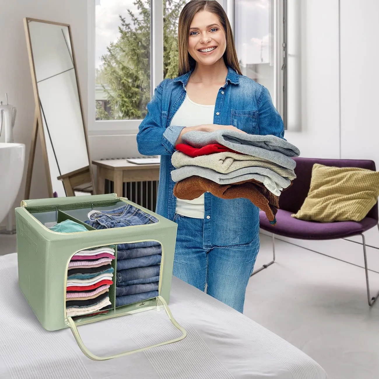 Sorbus Storage Bins with Divided Interior - Large Stackable & Foldable Organizer Containers with Metal Frame, Oxford Fabric, Large Window & Carry Handles - Organization for Bedroom, Linens & Clothes