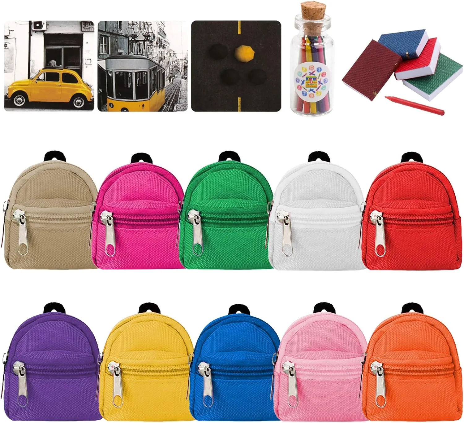 SOTOGO 31 Pieces Doll Accessories Include 10 Pieces Mini Doll Backpacks Mini Doll Bag Cute Zipper Backpack Mini Books Backpacks and 21 Pieces Miniatures Doll Books for Doll Accessories