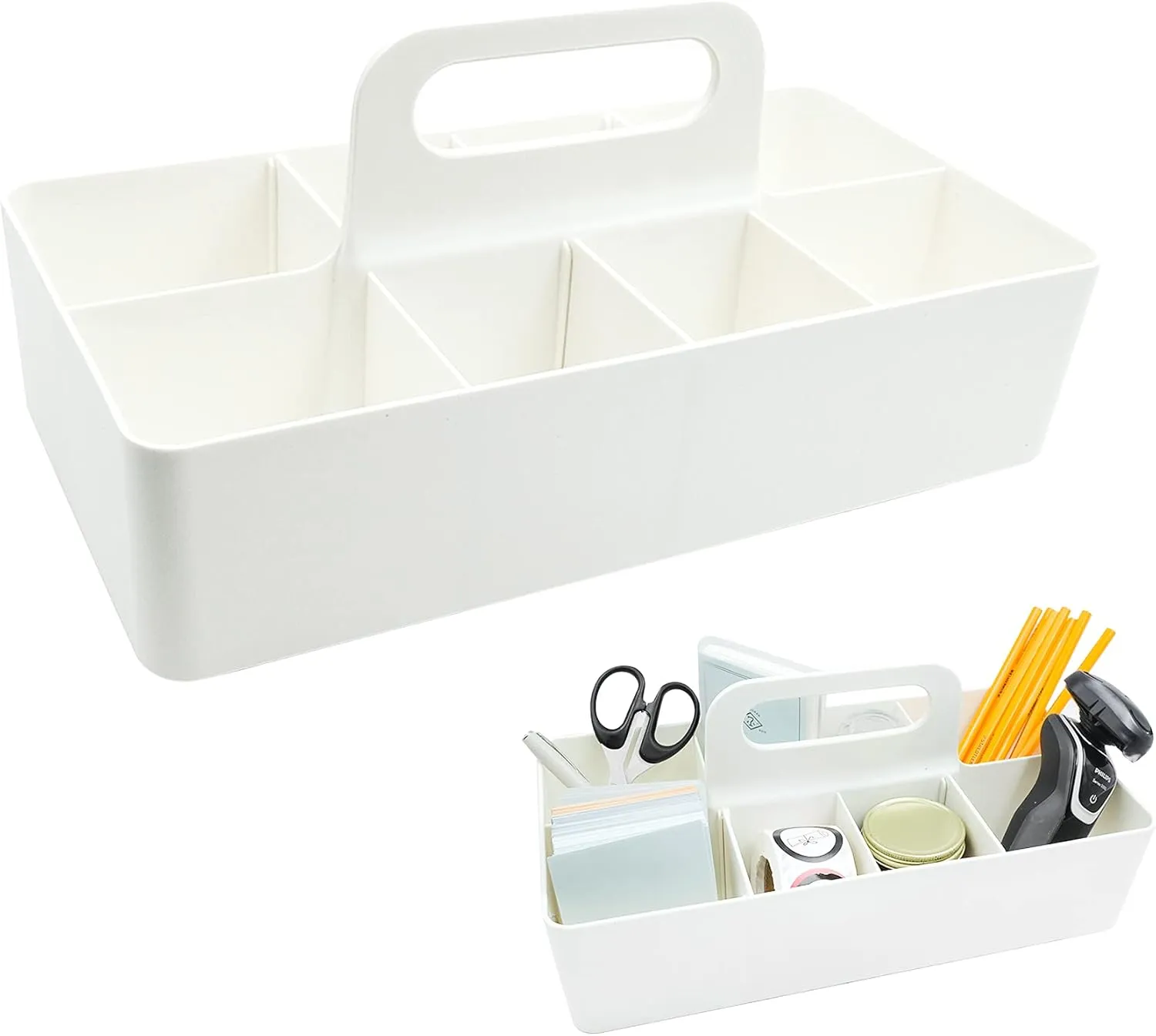 souG New Plastic Portable Makeup Organizer Caddy Tote Divided Basket Bin with Handle, DIY Divider, 8 Compartments - Office Supplies Organizer -White