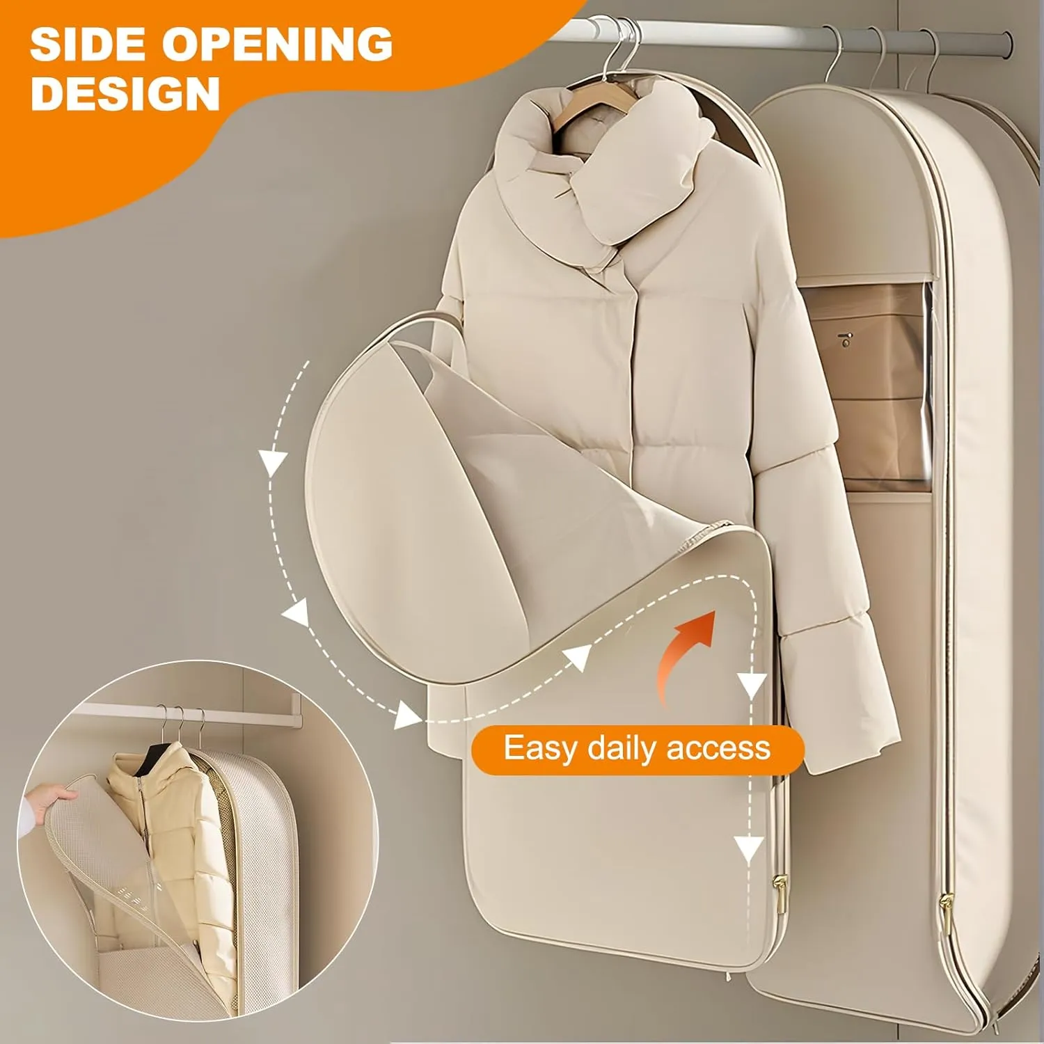 Space Saving Hanging Garment Bag with Self Compression Zipper, 2025 New Space Saver Closet Organizers, Dust Cover Clothes Bags for down Coat, For Closet Storage (Beige, X-Large)