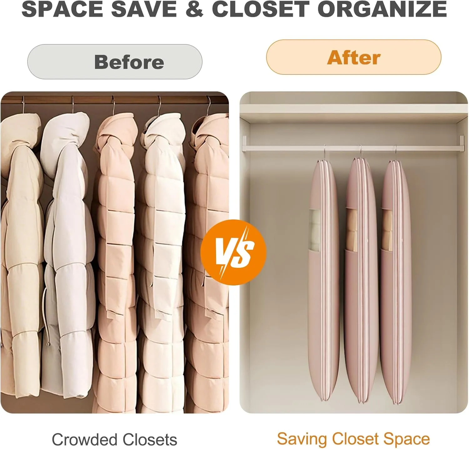 Space Saving Hanging Garment Bag with Self Compression Zipper, 2025 New Space Saver Closet Organizers, Dust Cover Clothes Bags for down Coat, For Closet Storage (Beige, X-Large)