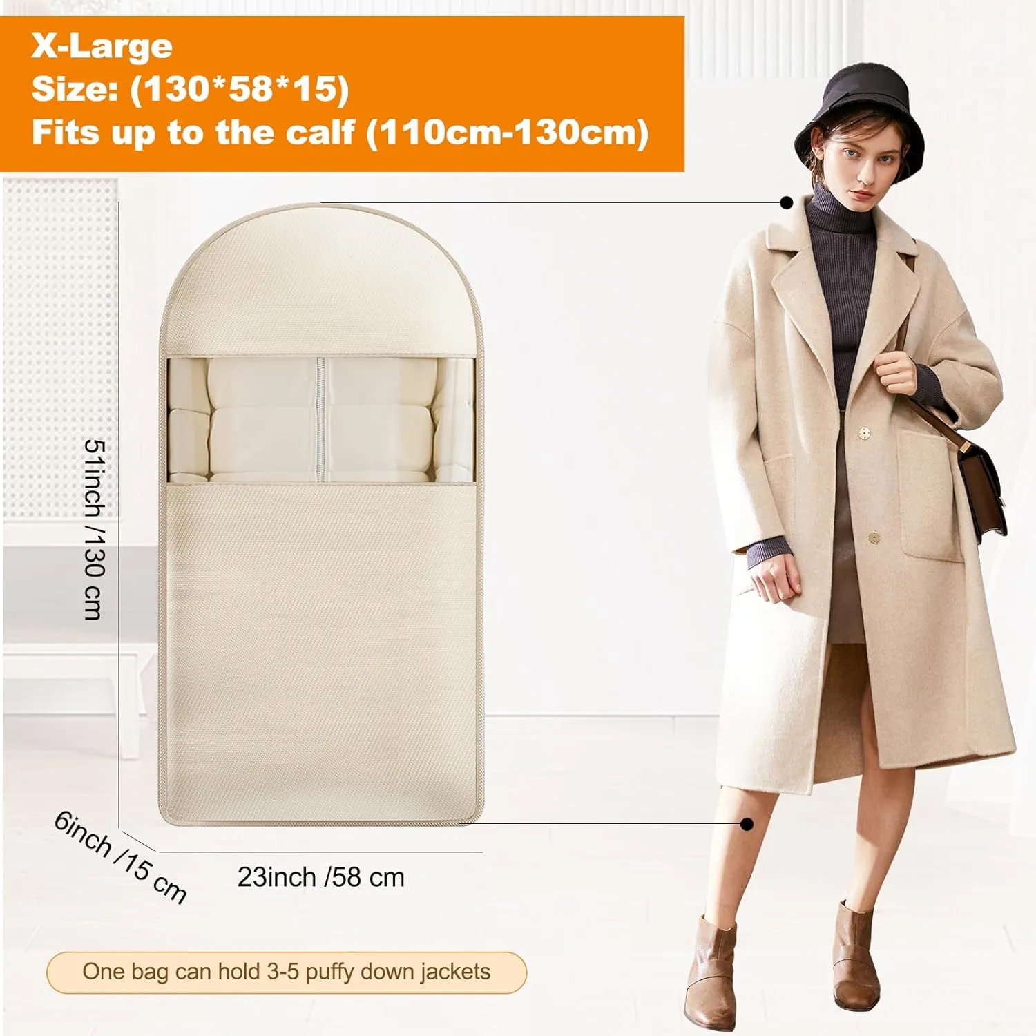 Space Saving Hanging Garment Bag with Self Compression Zipper, 2025 New Space Saver Closet Organizers, Dust Cover Clothes Bags for down Coat, For Closet Storage (Beige, X-Large)