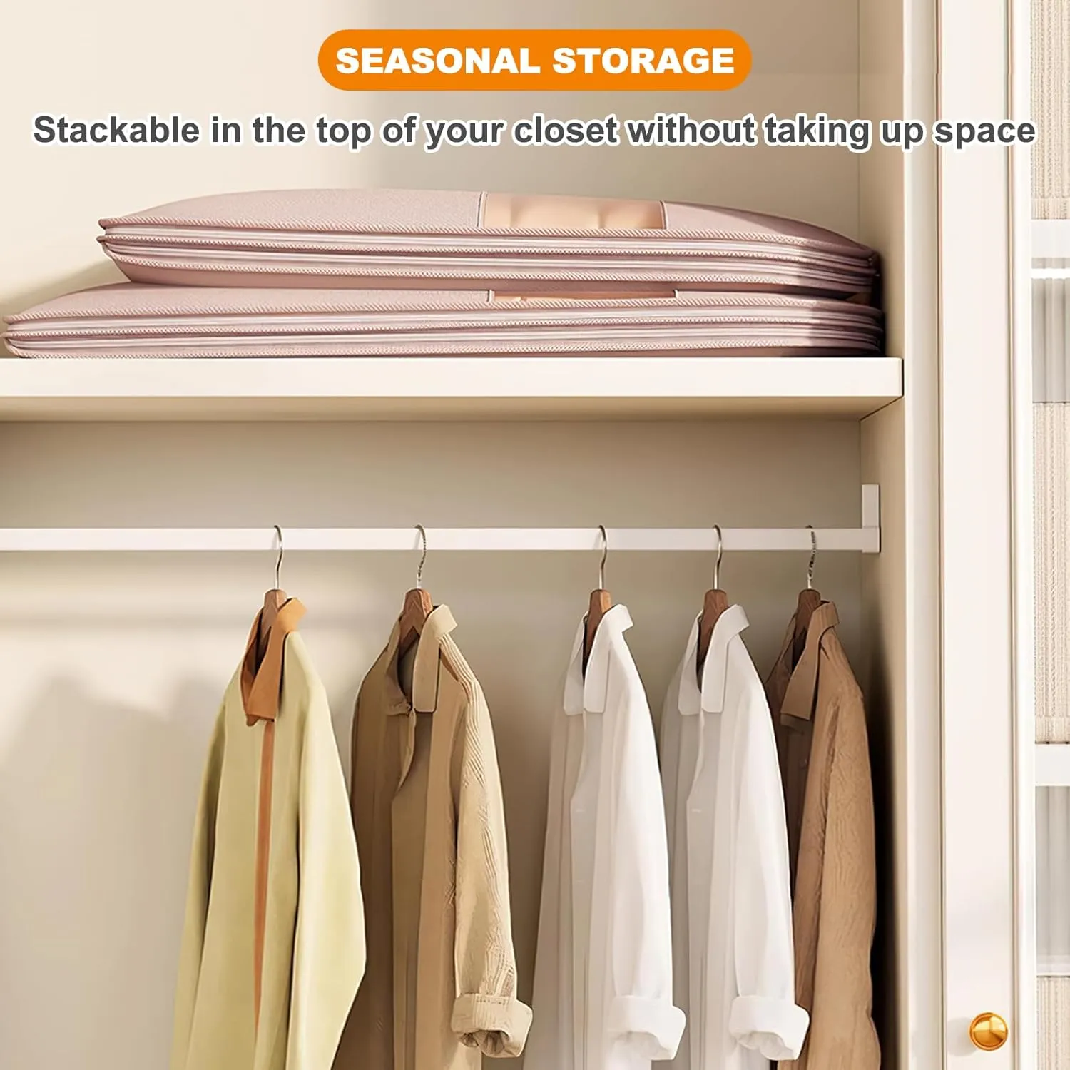 Space Saving Hanging Garment Bag with Self Compression Zipper, 2025 New Space Saver Closet Organizers, Dust Cover Clothes Bags for down Coat, For Closet Storage (Beige, X-Large)