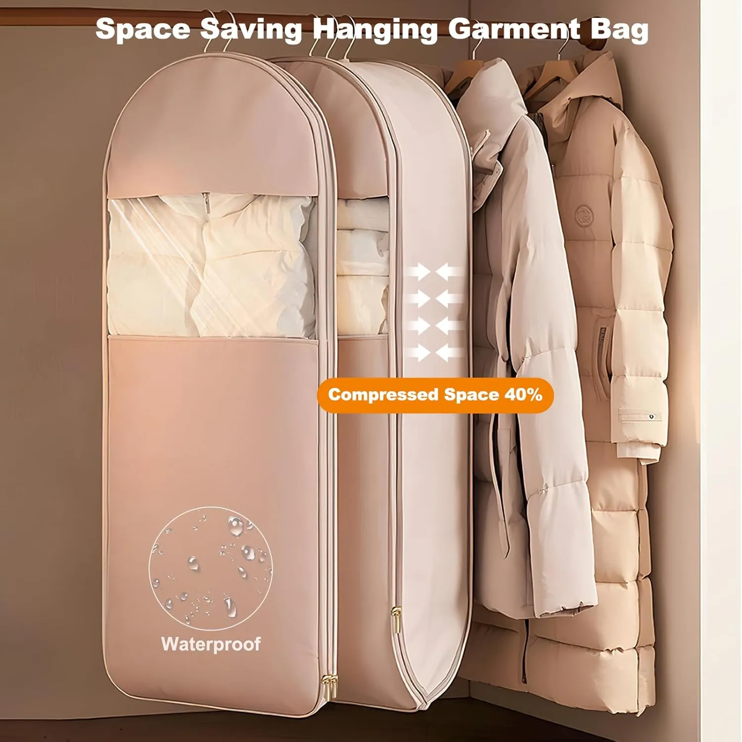 Space Saving Hanging Garment Bag with Self Compression Zipper, 2025 New Space Saver Closet Organizers, Dust Cover Clothes Bags for down Coat, For Closet Storage (Beige, X-Large)