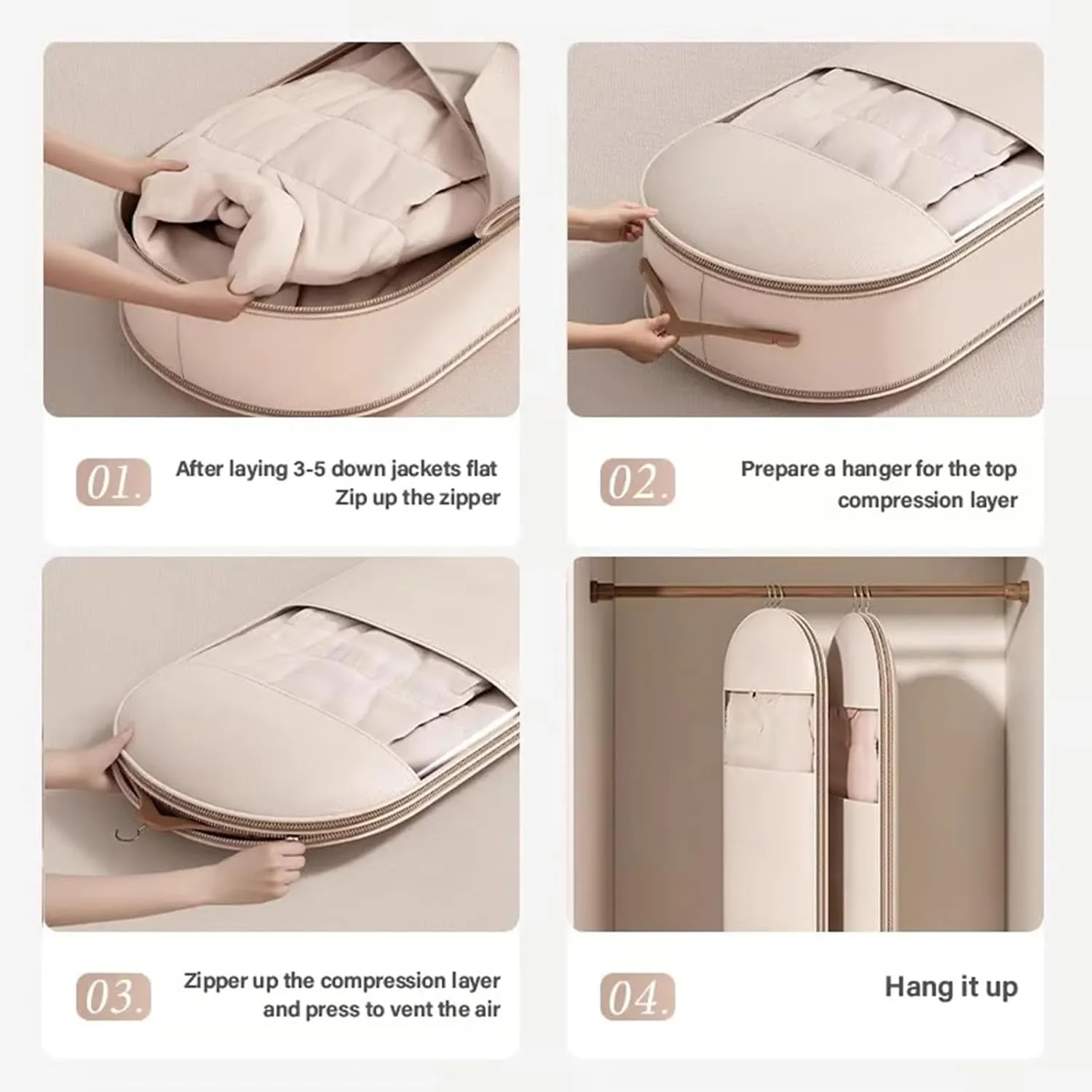 Space Saving Hanging Garment Bag with Self Compression Zipper, 2025 New Space Saver Closet Organizers for Closet Storage, Heavy Duty Garment Bag for Down Coat (Beige, M(35.43 * 22.83 * 5.91in))