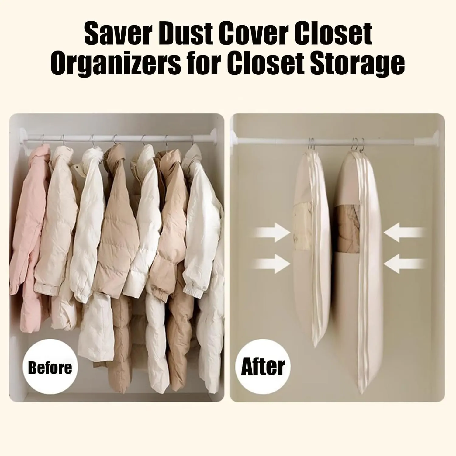 Space Saving Hanging Garment Bag with Self Compression Zipper, 2025 New Space Saver Closet Organizers for Closet Storage, Heavy Duty Garment Bag for Down Coat (Beige, M(35.43 * 22.83 * 5.91in))