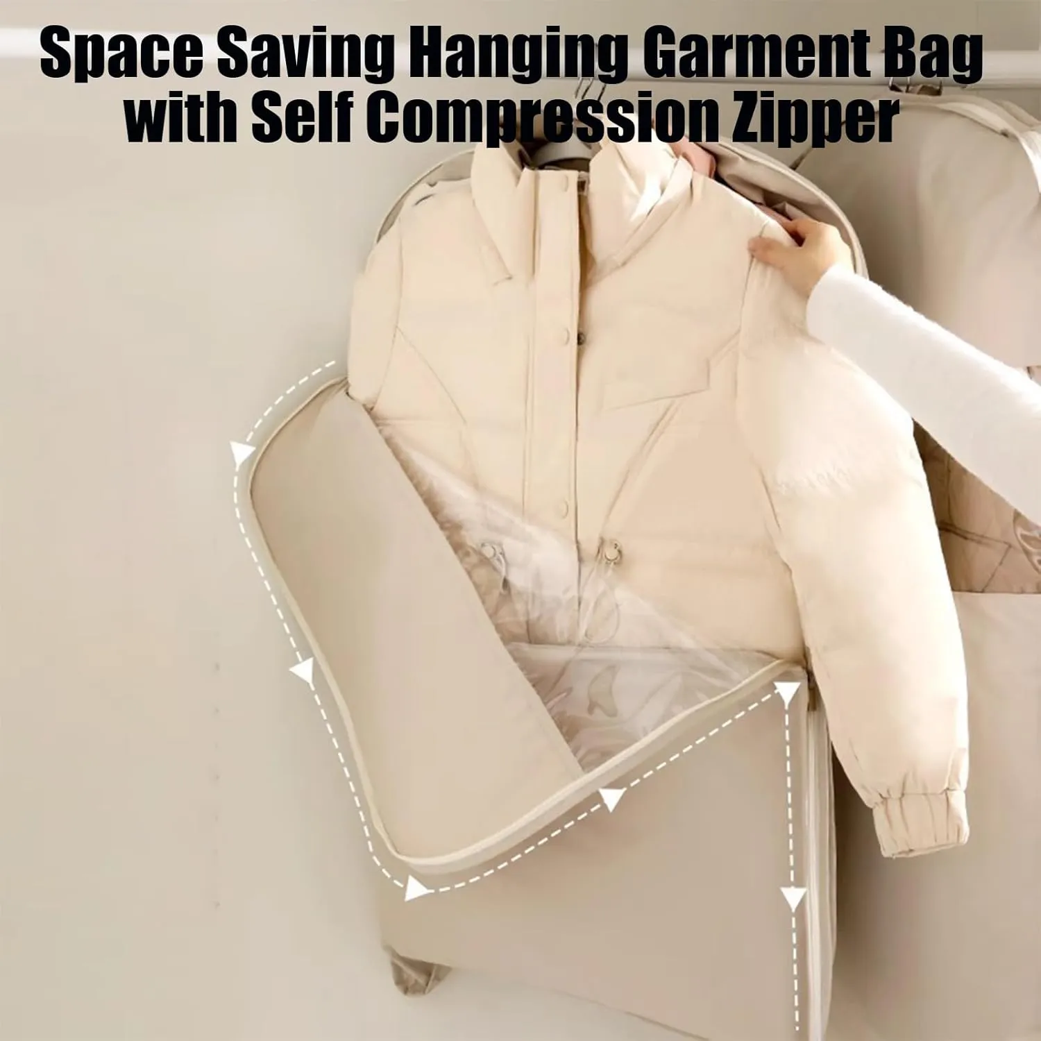 Space Saving Hanging Garment Bag with Self Compression Zipper, 2025 New Space Saver Closet Organizers for Closet Storage, Heavy Duty Garment Bag for Down Coat (Beige, M(35.43 * 22.83 * 5.91in))