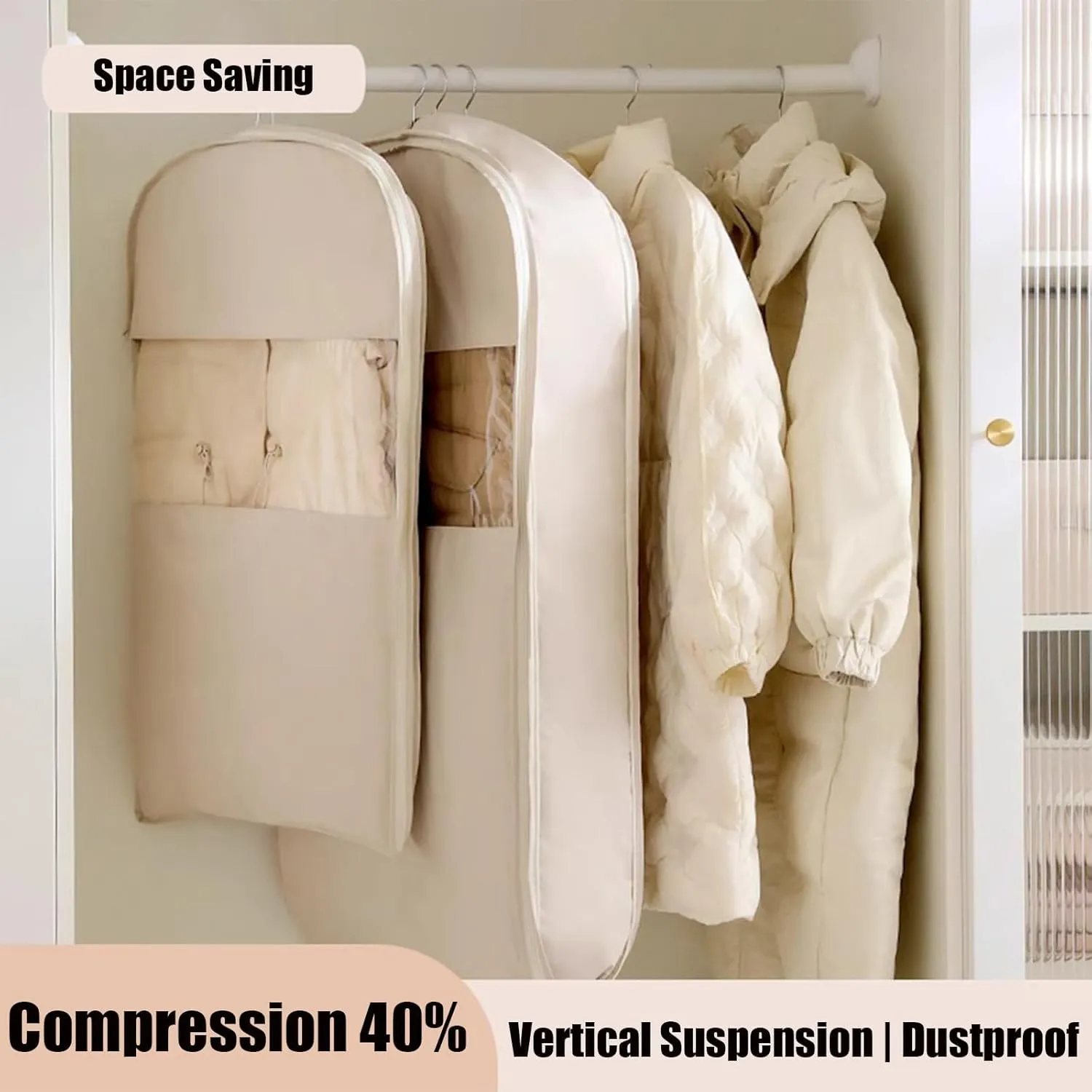 Space Saving Hanging Garment Bag with Self Compression Zipper, 2025 New Space Saver Closet Organizers for Closet Storage, Heavy Duty Garment Bag for Down Coat (Beige, M(35.43 * 22.83 * 5.91in))