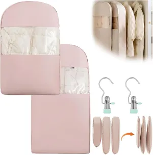 Space Saving Hanging Garment Bag with Self Compression Zipper, 2025 Space Saver Dust Cover Closet Organizers for Closet Storage, Heavy Duty Garment Bag for Down Coat (Pink, M L)