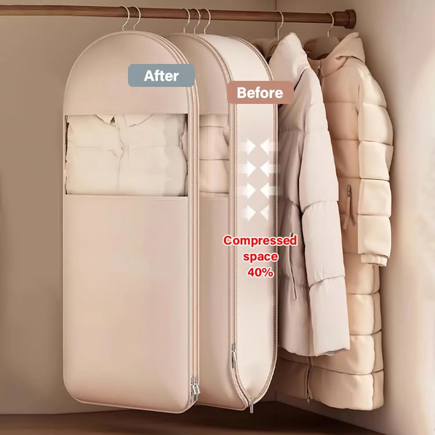 Space Saving Hanging Garment Bag with Self Compression Zipper, Space Saver Closet Organizers, Dust Cover Clothes Bags for Down Coat for Closet Storage (Pink, L)