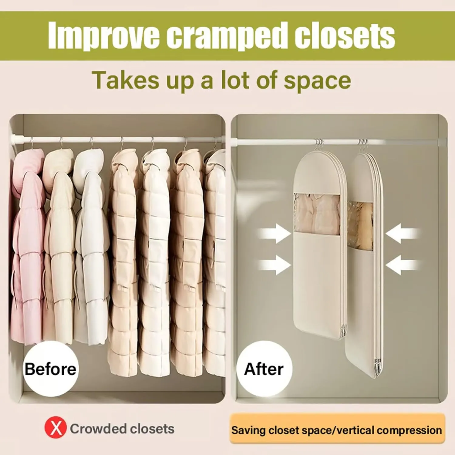 Space Saving Hanging Garment Bag with Self Compression Zipper, Space Saver Closet Organizers, Dust Cover Clothes Bags for Down Coat for Closet Storage (Pink, L)