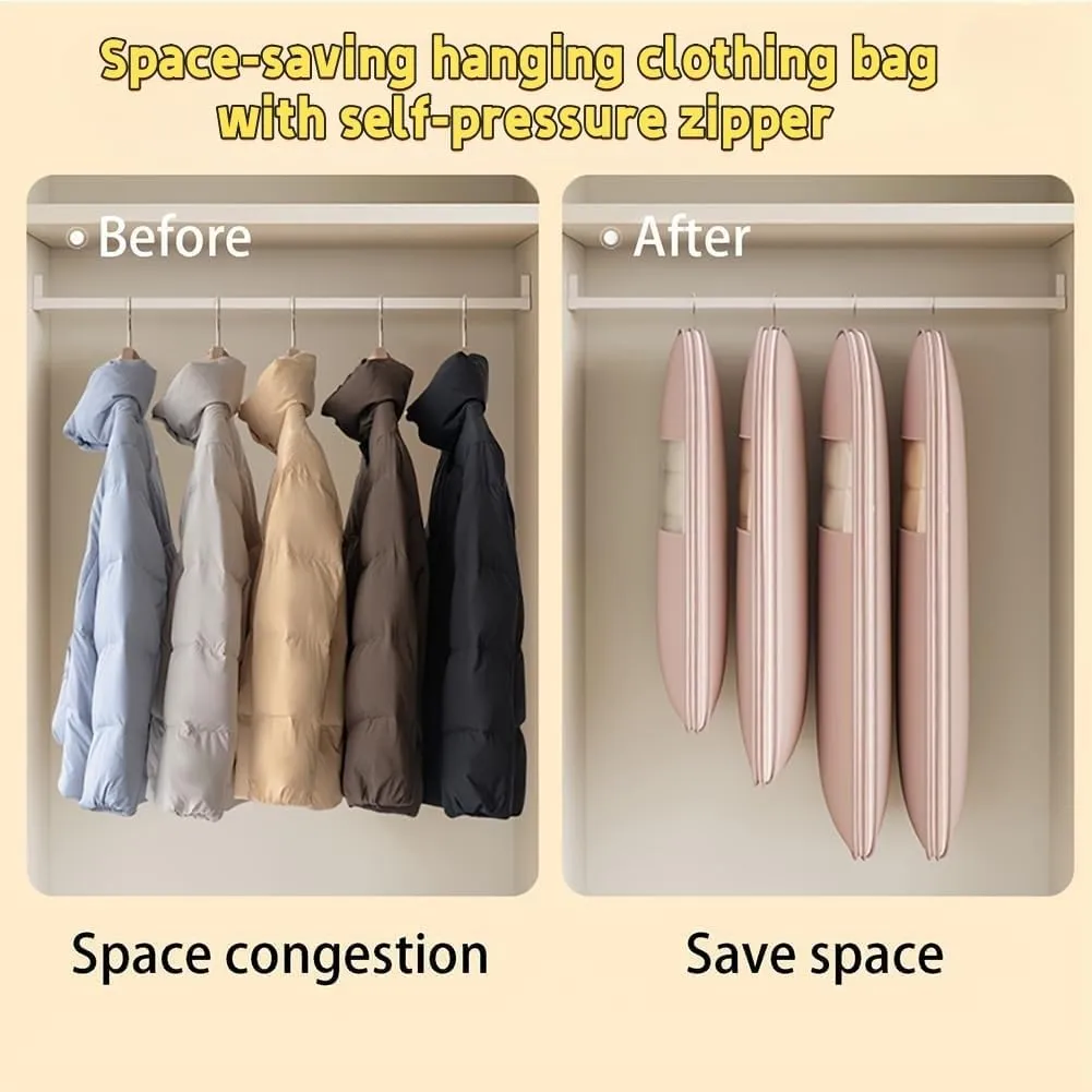 Space Saving Hanging Garment Bag with Self Compression Zipper,Space Saver Closet Organizers，Prevents creases in Clothing, dust Cover Travel Bag with Duvet Hanger(Pink(3PCS))