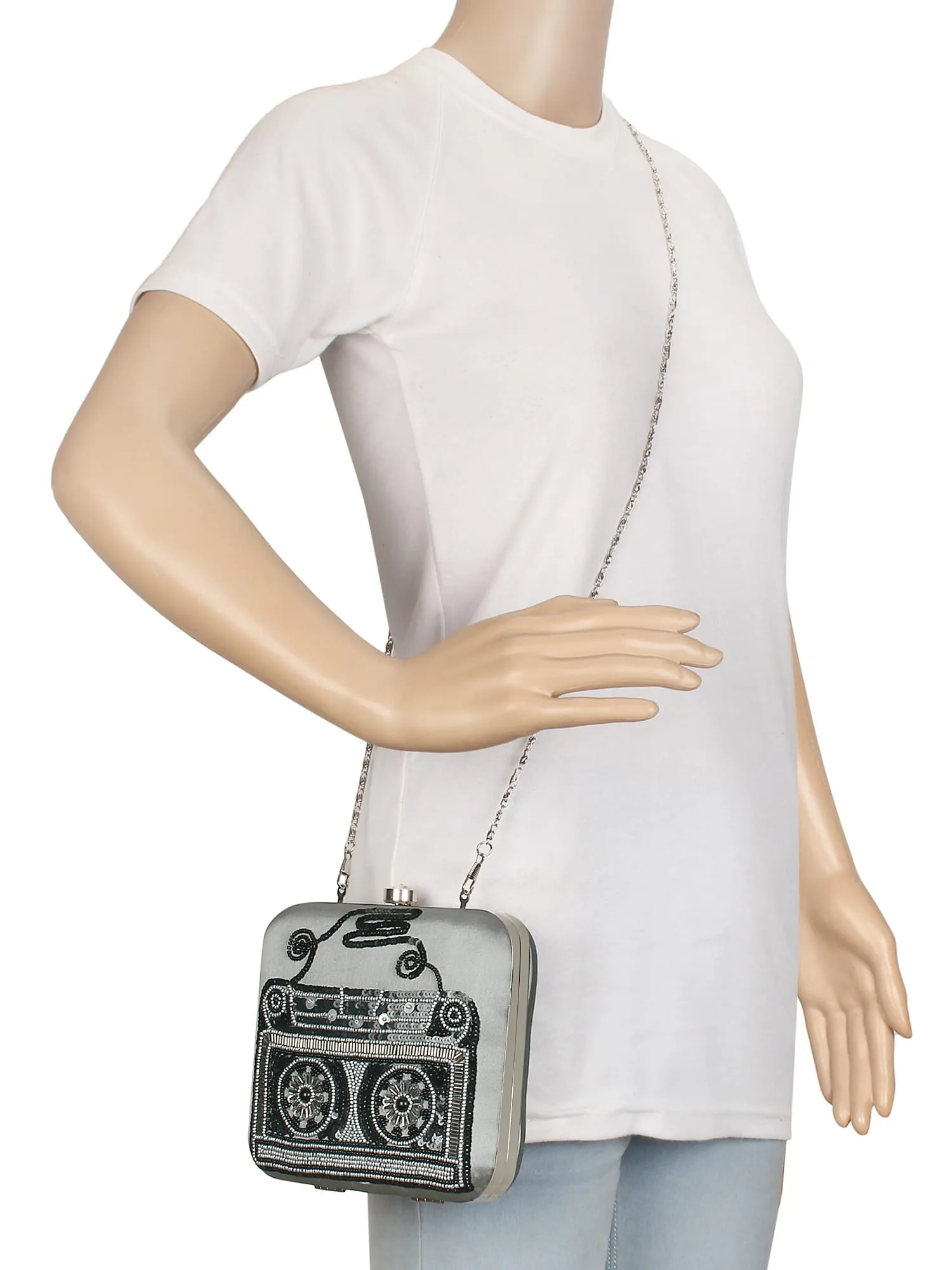 Spiffy Sequines Embellished Faux Silk Box Clutch