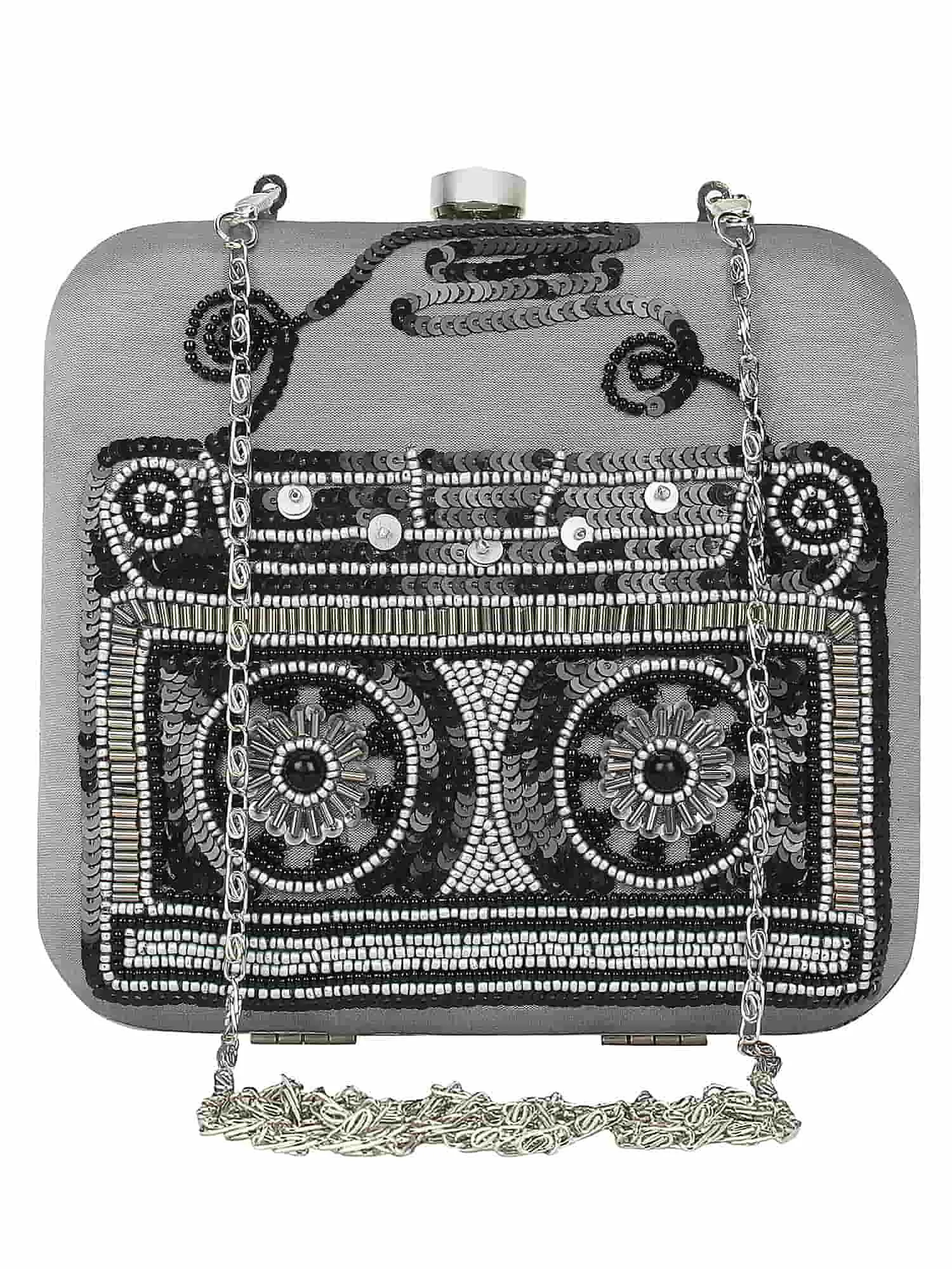 Spiffy Sequines Embellished Faux Silk Box Clutch