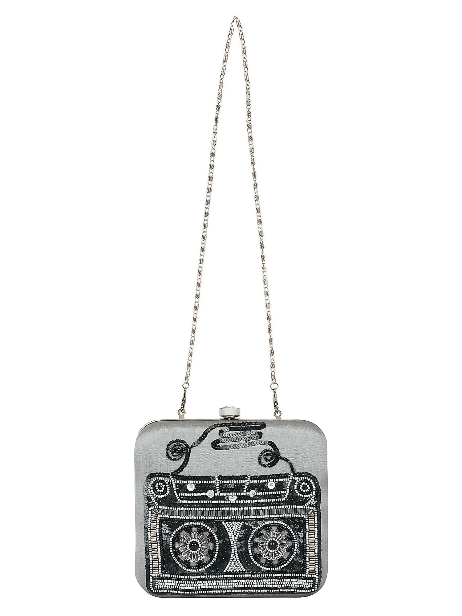 Spiffy Sequines Embellished Faux Silk Box Clutch