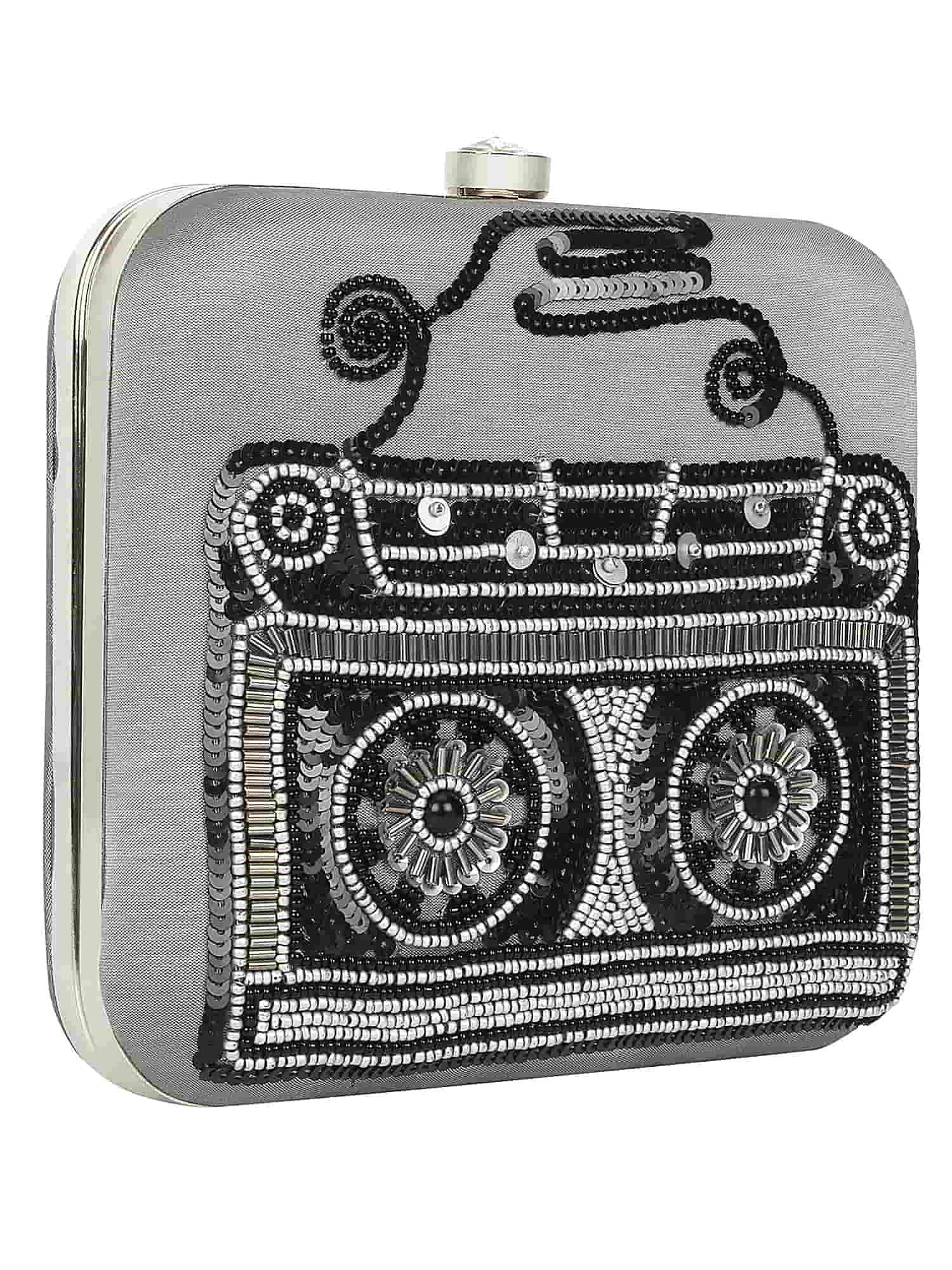 Spiffy Sequines Embellished Faux Silk Box Clutch