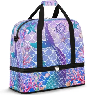 Sports Duffel Bag, Foldable Mermaid Fish Scale Travel Duffel Bag, Gym Yoga Beach Bag Weekender Overnight Bag with Shoes Compartment for Men Women, Fishtail